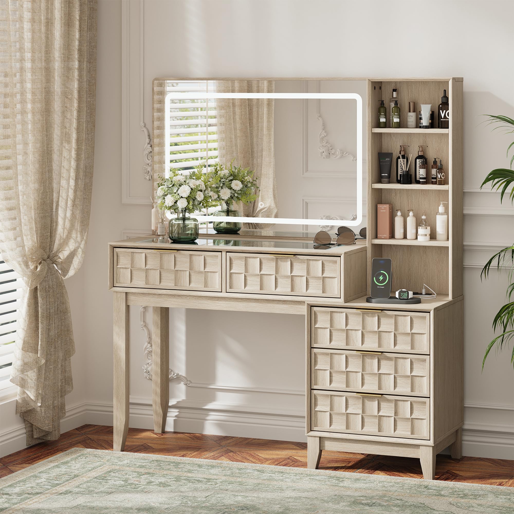 MALOL Vanity Desk, Checkerboard Wood 50" Dressing Table with 5 Drawers & 4 Storage Shelves, Large Glass Top Makeup Vanity with Built-in Power Strip with USB & Type-C, Oak Wood