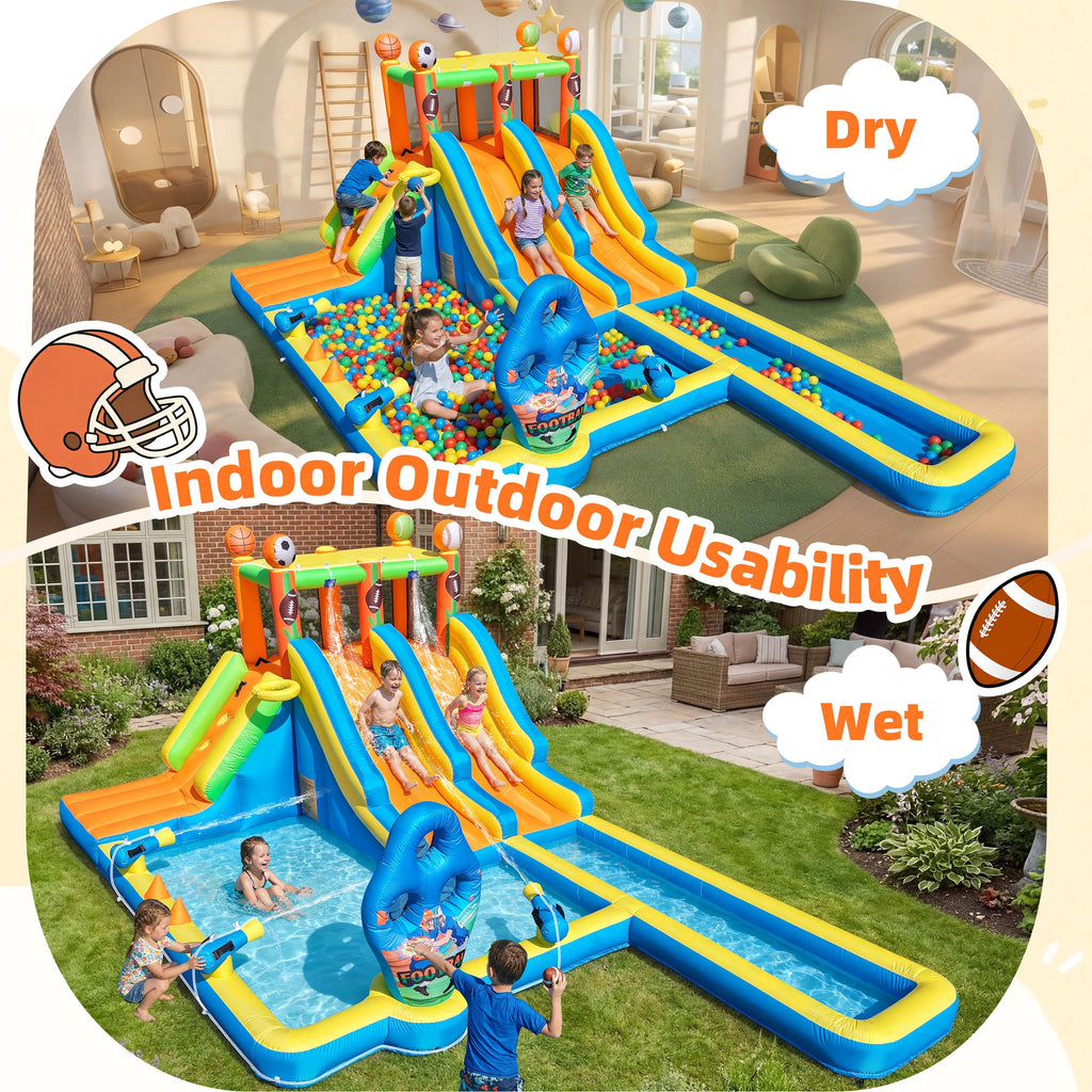 TOAOB Inflatable Water Slide for Kids 3-12: Blow Up Backyard Water Park with 2 Slides - 9 in 1 Football-Themed with 550W Blower for Outdoor Birthday Party