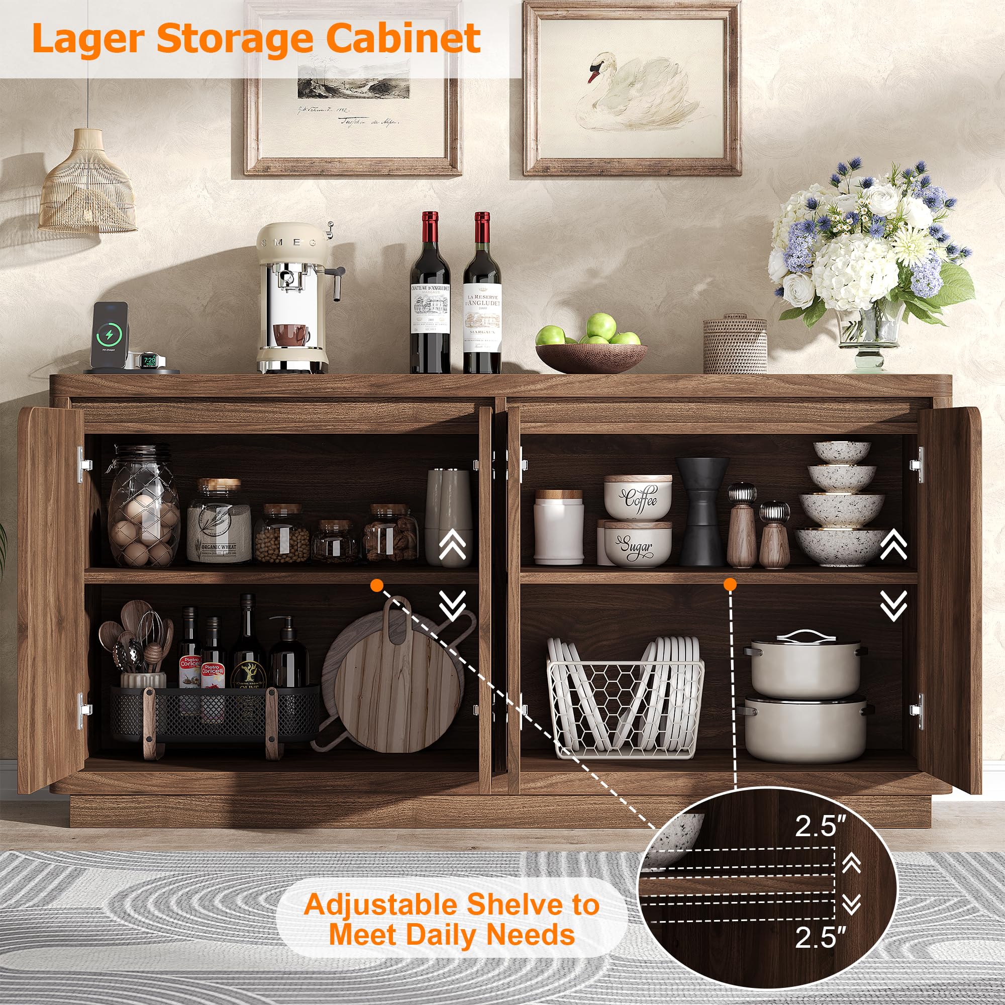 knoworld Buffet Cabinet with Storage, Outlet & Adjustable Shelves, Sideboard Cabinet with Double-Arc Doors, Classic Modern Wood Console Table & Credenza for Dining Room & Entryway