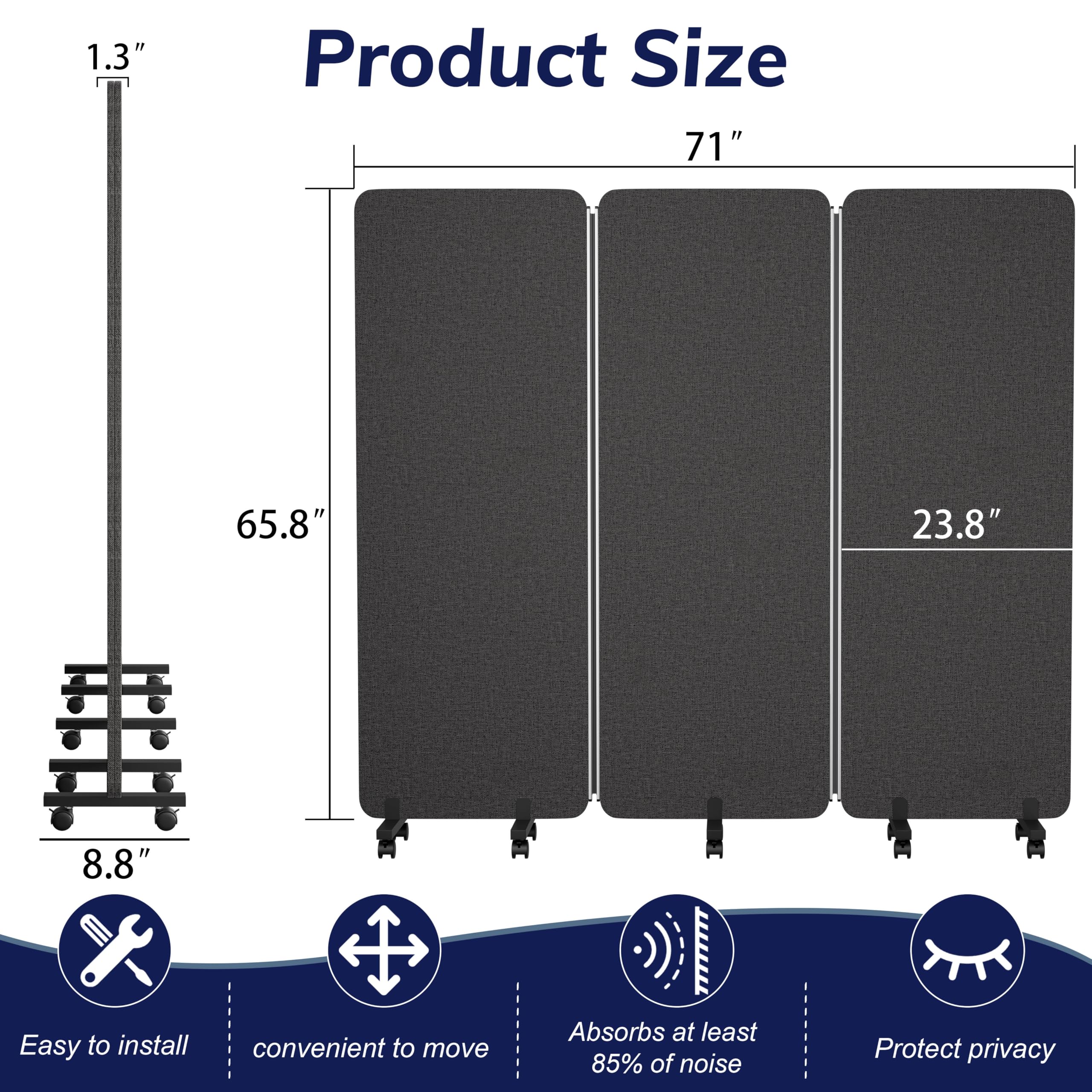 KERRAM 3 Panel Foldable Office Partitions, Mobile Cubicle Wall with Wheels, 71 x 66 Inch Noise Cancelling & Sound Proof Room Dividers Partition Wall, Aluminum Frame Dark Gray
