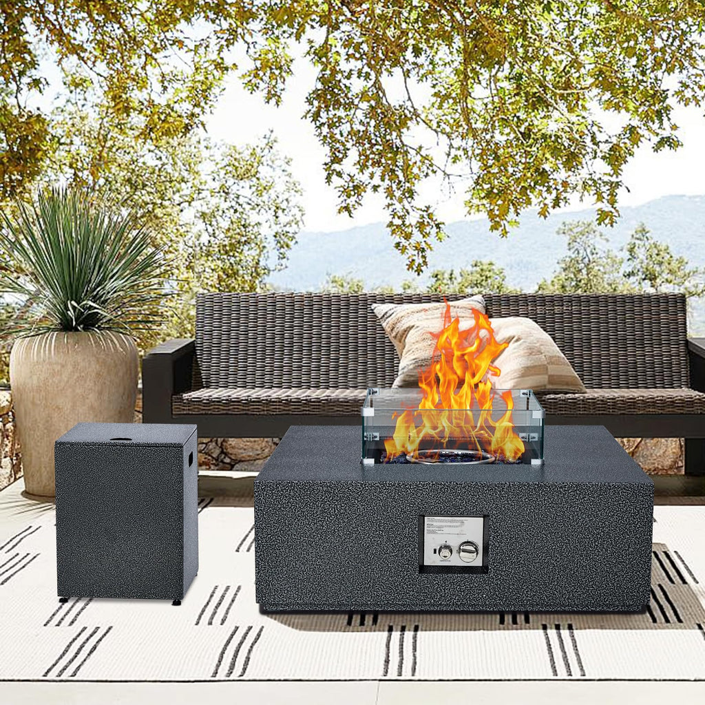 50000 BTU Propane Fire Pit Table, 36 in Outdoor Gas Fire Pit Table with 16 in Propane Tank Cover, Wind Guard, Glass Rocks & Rain Cover for Garden Backyard Deck Patio