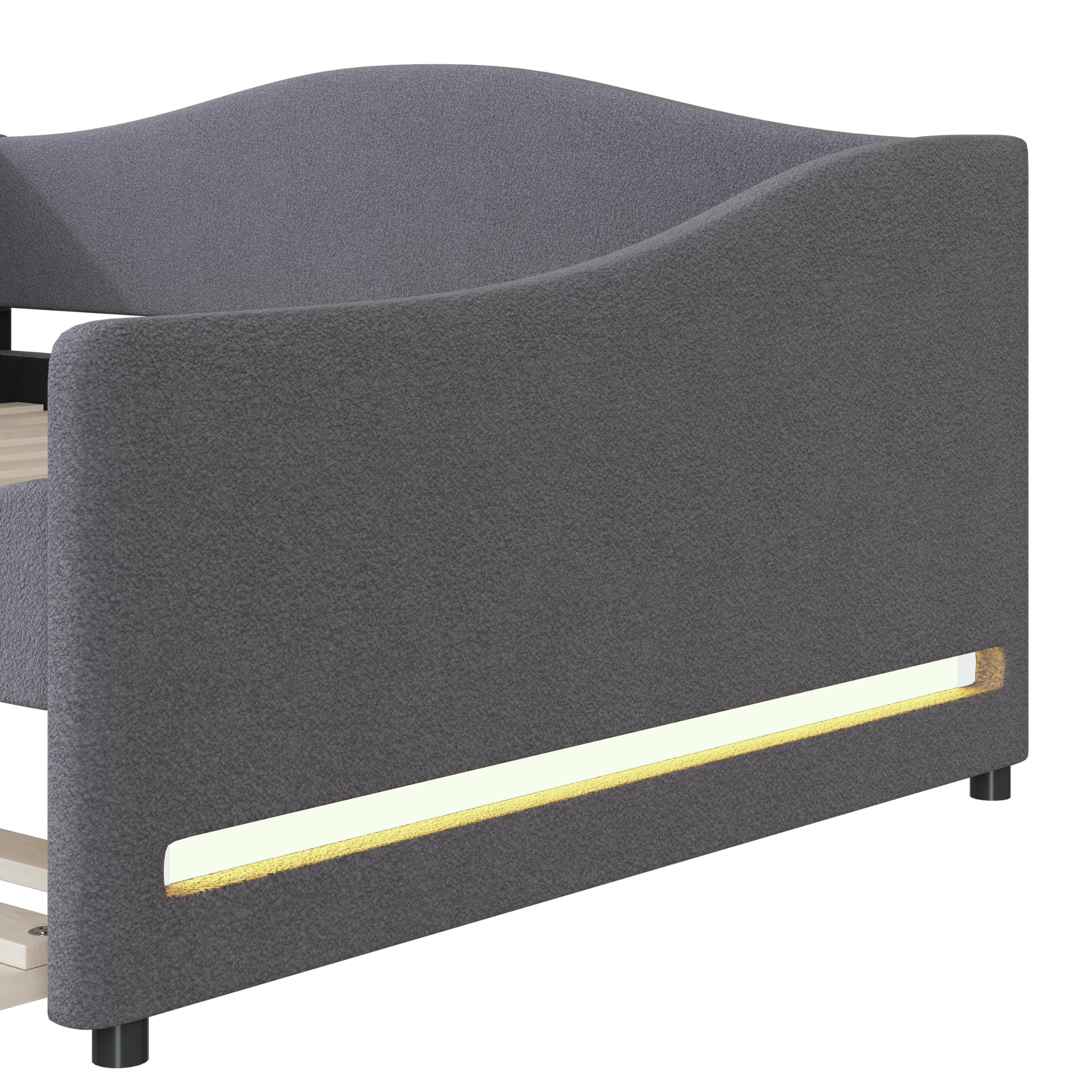 Merax Full Size Upholstered Daybed with Light and Trundle, Gray Teddy Fleece Sofa Bed Modern Wooden Platform Bed Frame for Bedroom, Living Room, Guest Room, Apartment