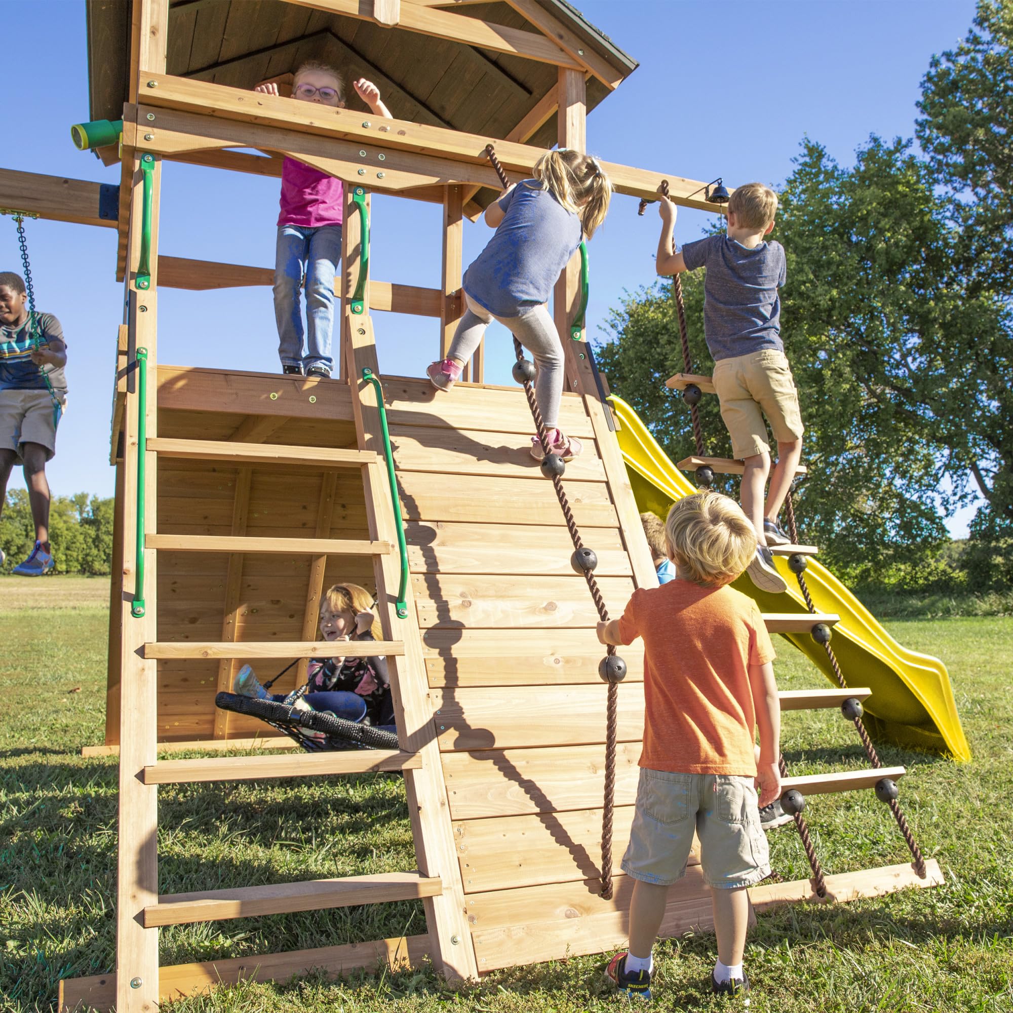 Backyard Discovery Endeavor Cedar Wood Swing Set with Wave Slide, Play Deck, Double Rock Wall, Rope Ladder, Climbing Wall, Belt Swings, 40-Inch Web Swing, Step Ladder, Toy Telescope, Outdoor Playset