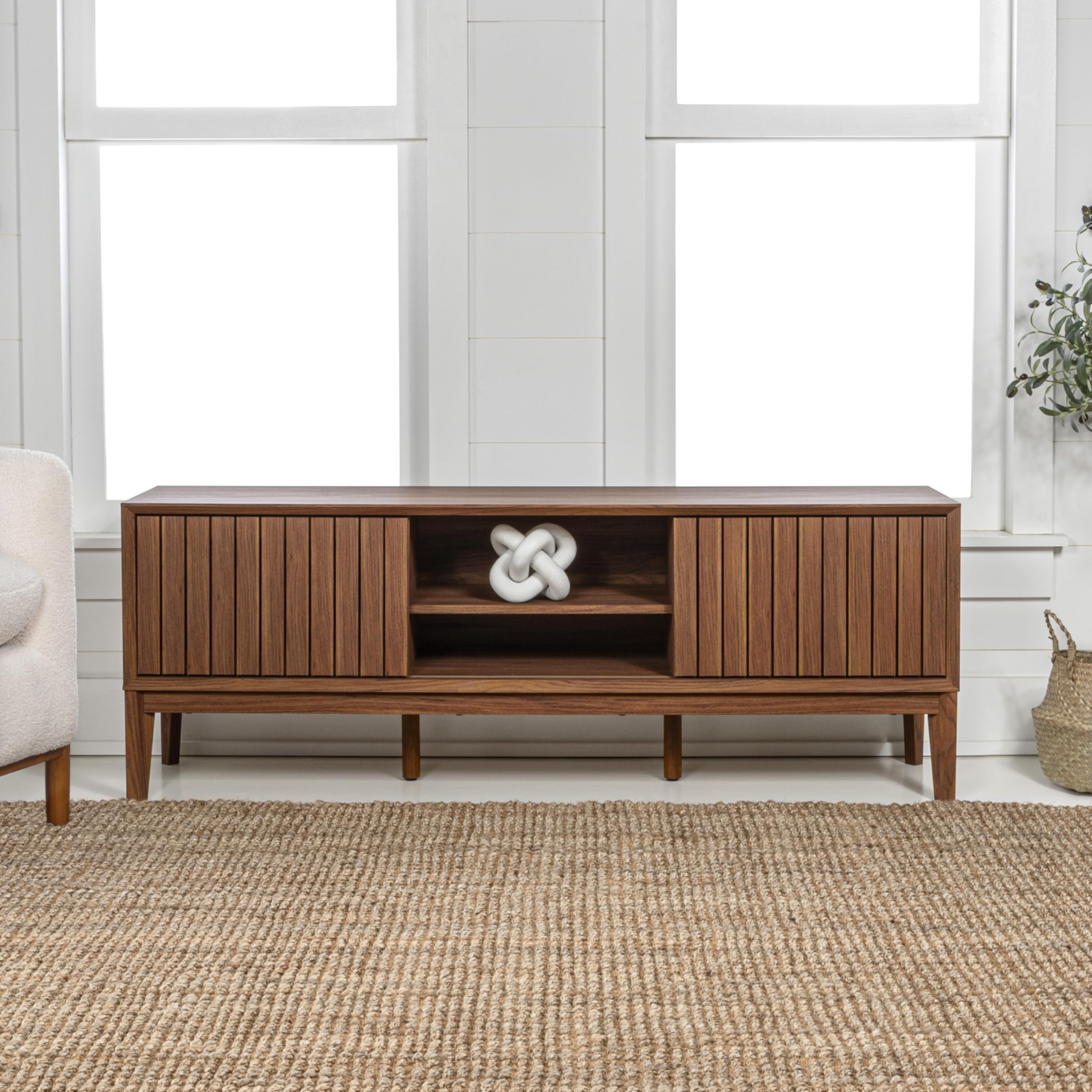 JONATHAN Y Gennaro 58" Mid-Century Wood TV Stand Media Console with Slatted Sliding Doors, Entertainment Center for Living Room with Adjustable Shelves and Cable Management, Walnut TVS1000B