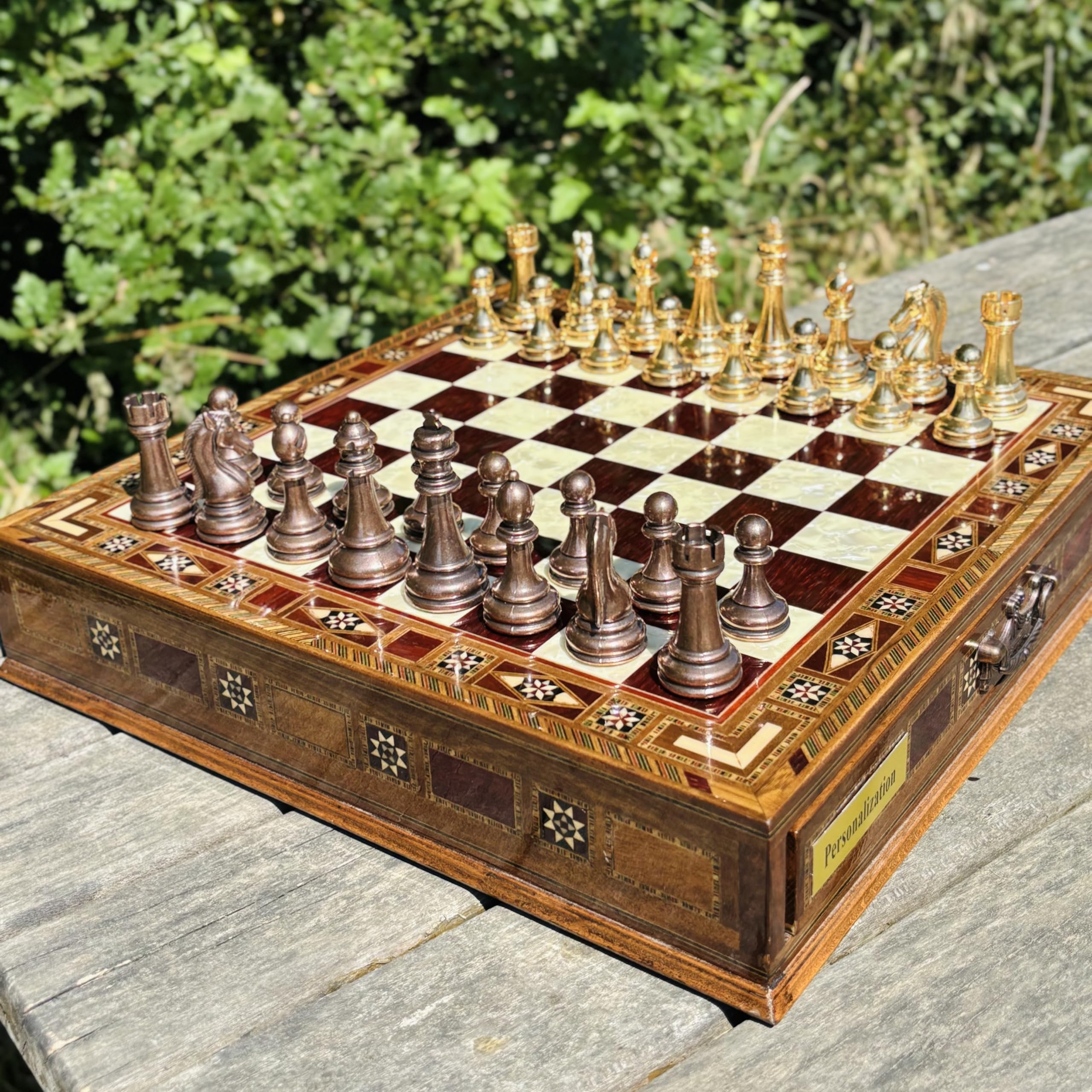 Handmade Luxury Chess Set – Metal Chess Pieces with Wooden Storage Board – Premium Classic Chess Game for Adults and Kids – Ideal Gift for Men and Women (Large: 38 x 38 x 7.5 cm (15”x 15” x 3”))