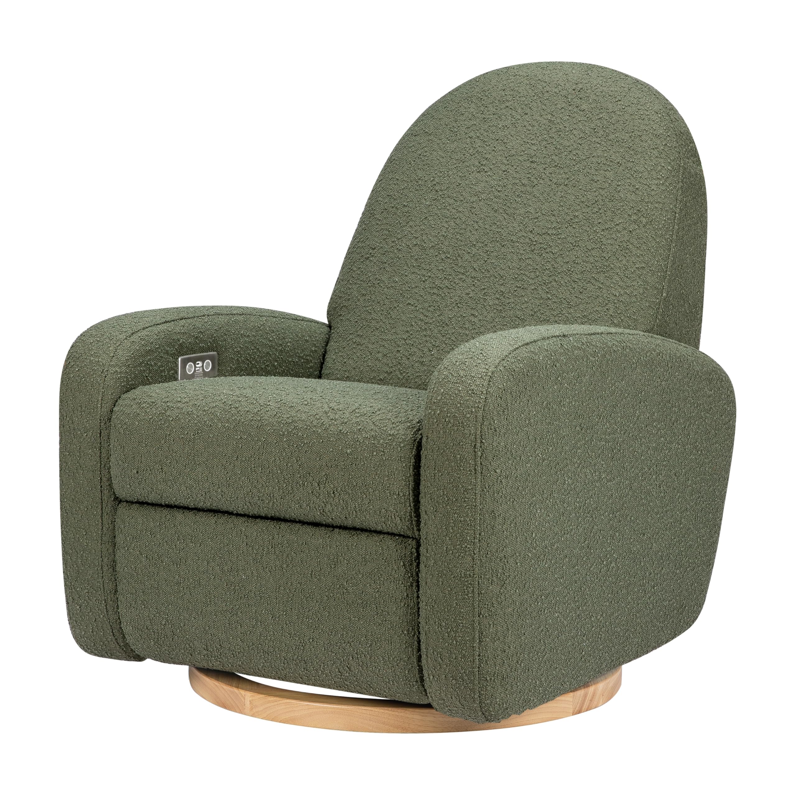 Babyletto Nami Electronic Power Recliner and Swivel Glider with USB Port in Olive Boucle with Light Wood Base, Water Repellent & Stain Resistant, Greenguard Gold and CertiPUR-US Certified