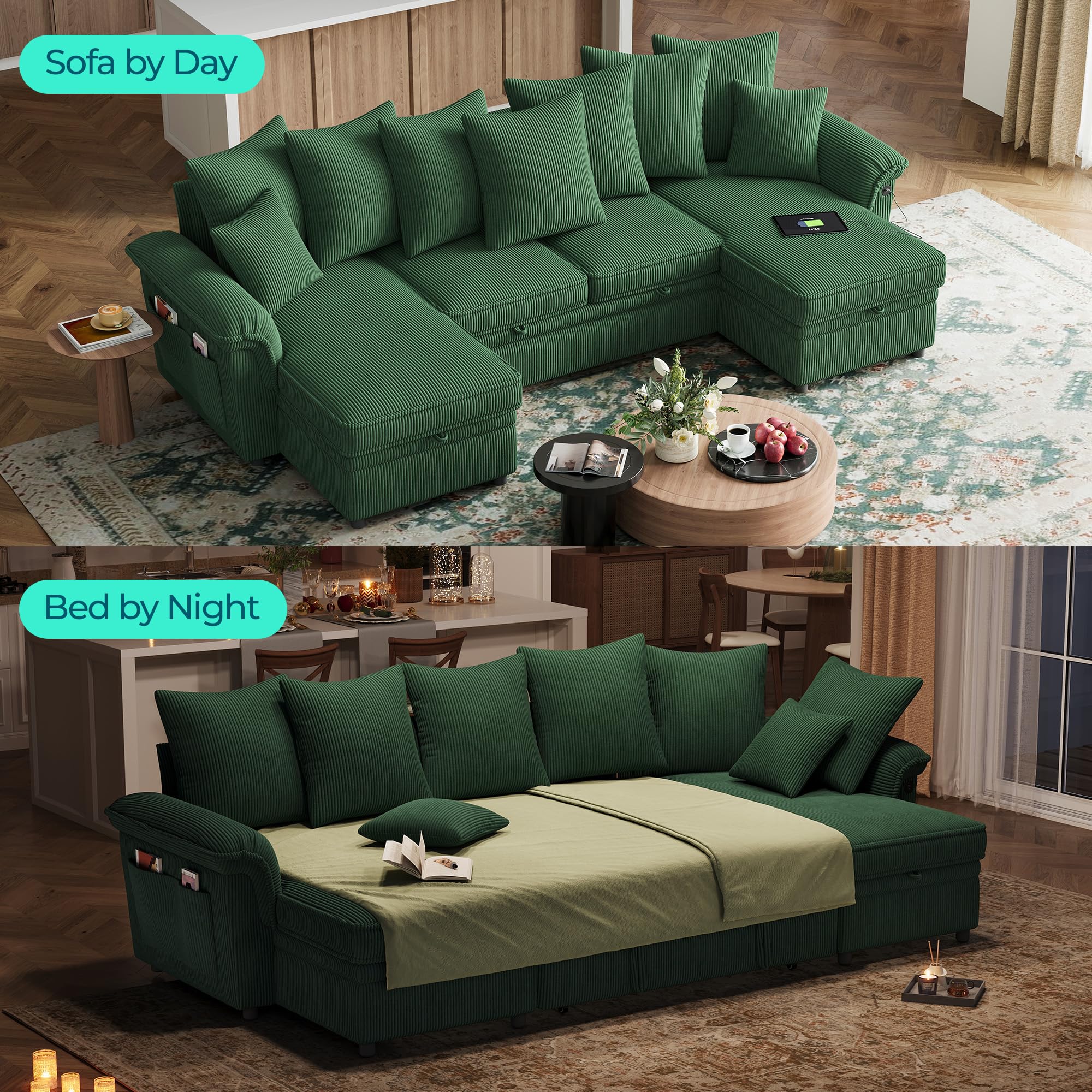 LINSY HOME Oversized Sectional Sleeper Sofa with Pull Out Couch Bed (Green, 118.5'')