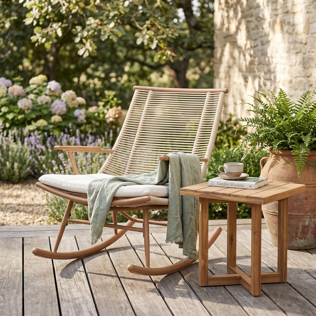 Christopher Knight Home Levi Arc Rocking Chair & Wooden Slat Side Table Set, PE Rattan+Iron Rocker Chair Set with Cushion, 2 Piece Patio Furniture Set with Cross-Stretcher End Table, Brown+Beige+Teak
