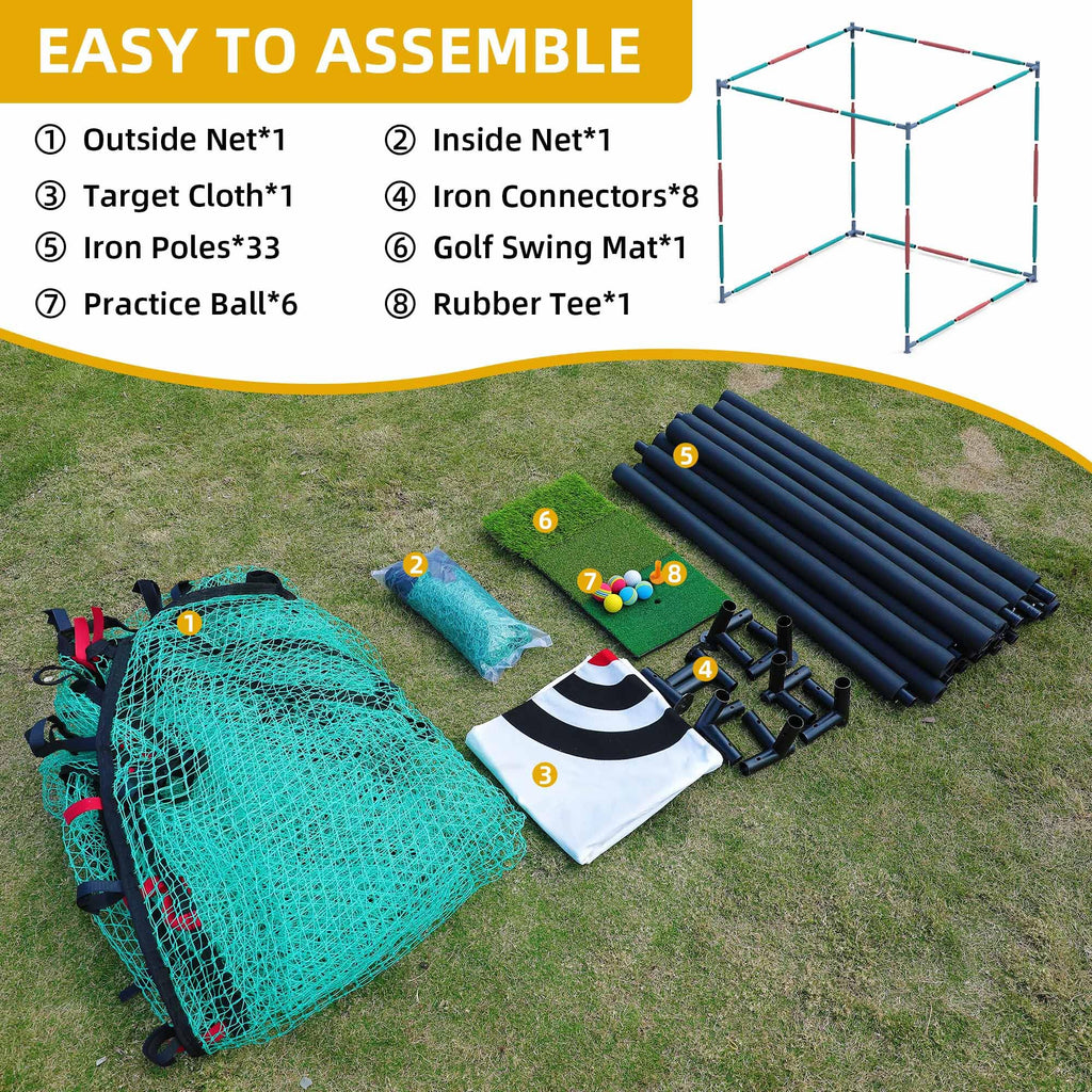 Shopsource Golf Cage with Steel Freame, 10x10x10ft Golf Hitting Net Cage with Rubber Hose, Noise Reduction for Backyard Indoor Outdoor Lawn Practice(Includes 1 Hitting Mat 6 PU Balls 1 Tee)
