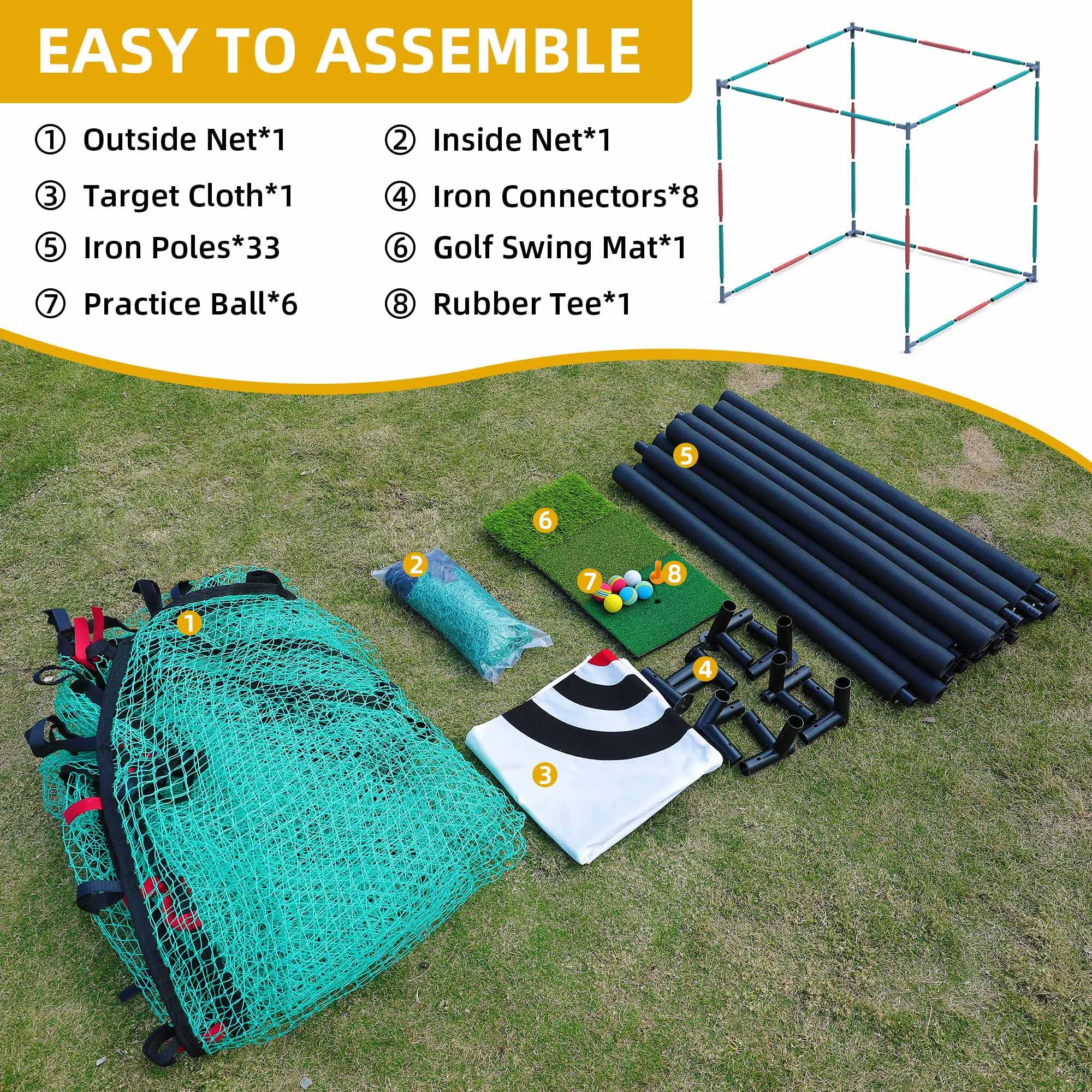 Shopsource Golf Cage with Steel Freame, 10x10x10ft Golf Hitting Net Cage with Rubber Hose, Noise Reduction for Backyard Indoor Outdoor Lawn Practice(Includes 1 Hitting Mat 6 PU Balls 1 Tee)