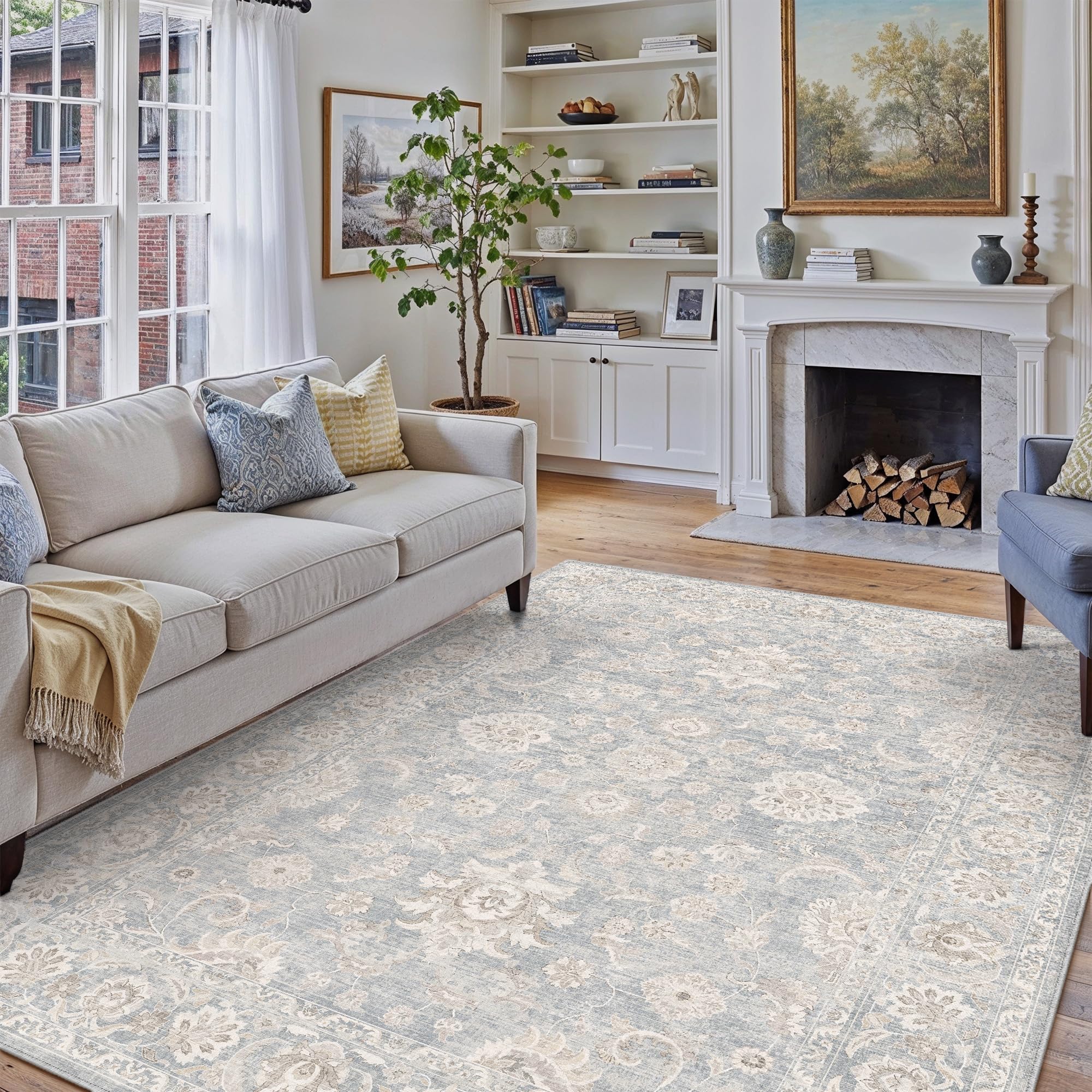 WondRg 10x14 Blue Cream Area Rug for Living Room Bedroom Neutral Floral Soft Non Slip Rug Low Pile Distressed Large Carpet for Dining Room Nursery Office Indoor