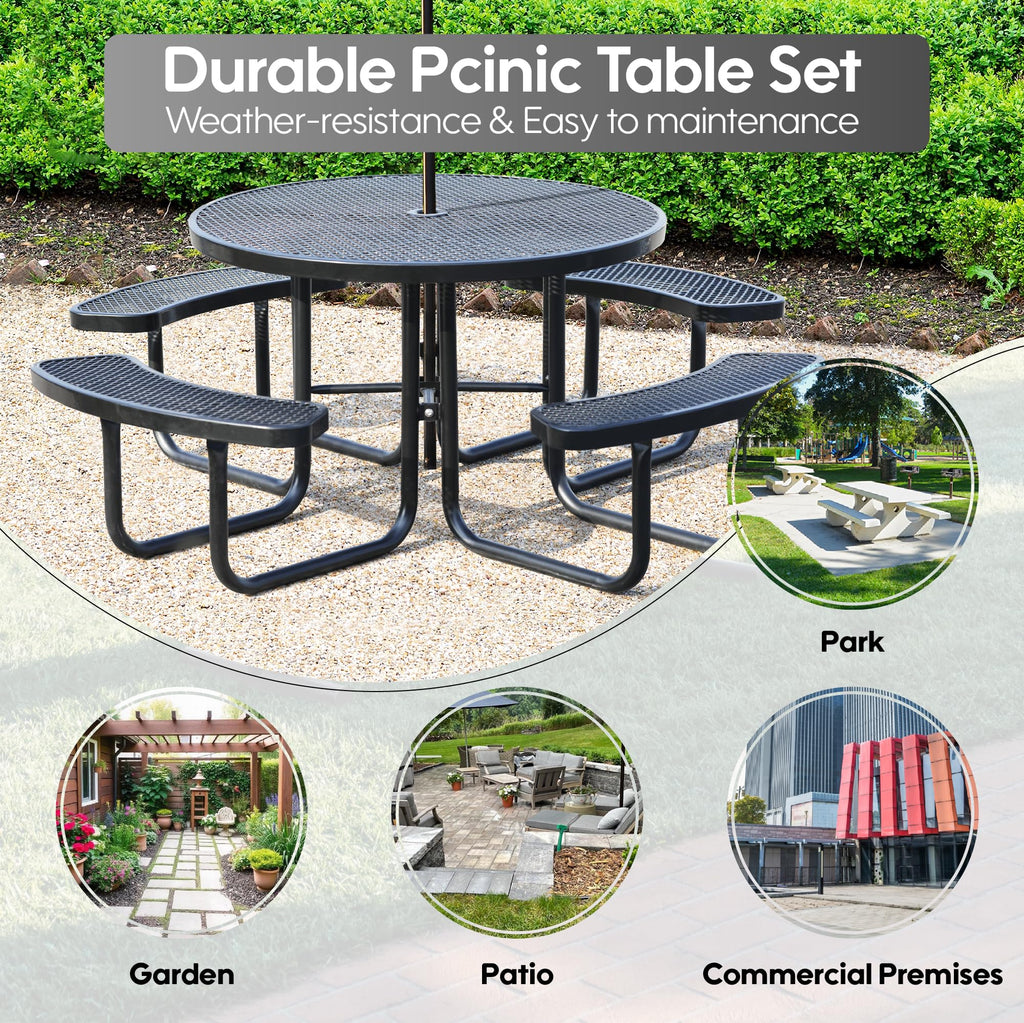 Sunnibety 8-Person Picnic Tables for Outdoors, Industrial 46" Expanded Metal Round Picnic Table with 4 Benches & Umbrella Hole, Outside Table and Bench Set for Park, Garden, Backyard, Patio, Black