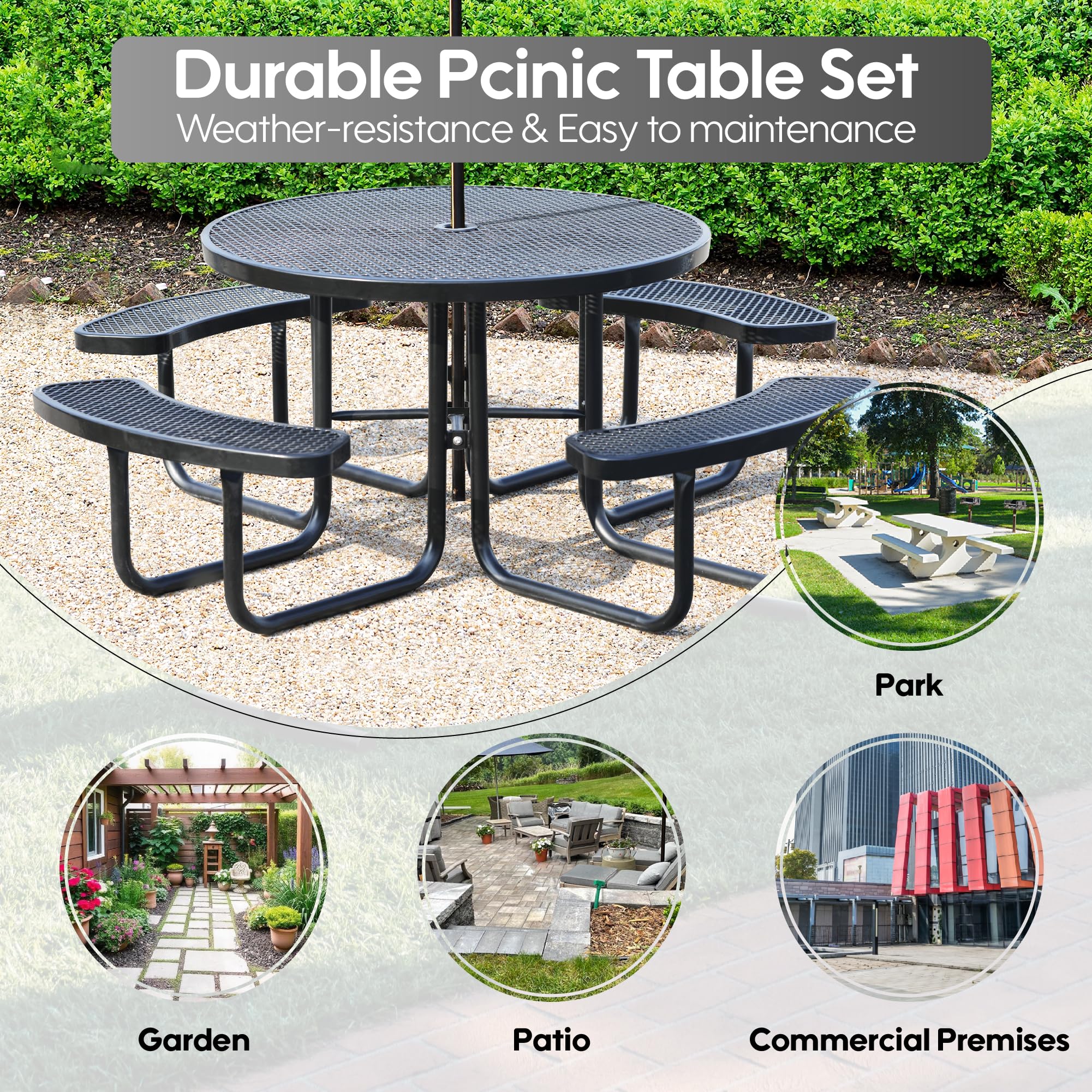 Sunnibety 8-Person Picnic Tables for Outdoors, Industrial 46" Expanded Metal Round Picnic Table with 4 Benches & Umbrella Hole, Outside Table and Bench Set for Park, Garden, Backyard, Patio, Black