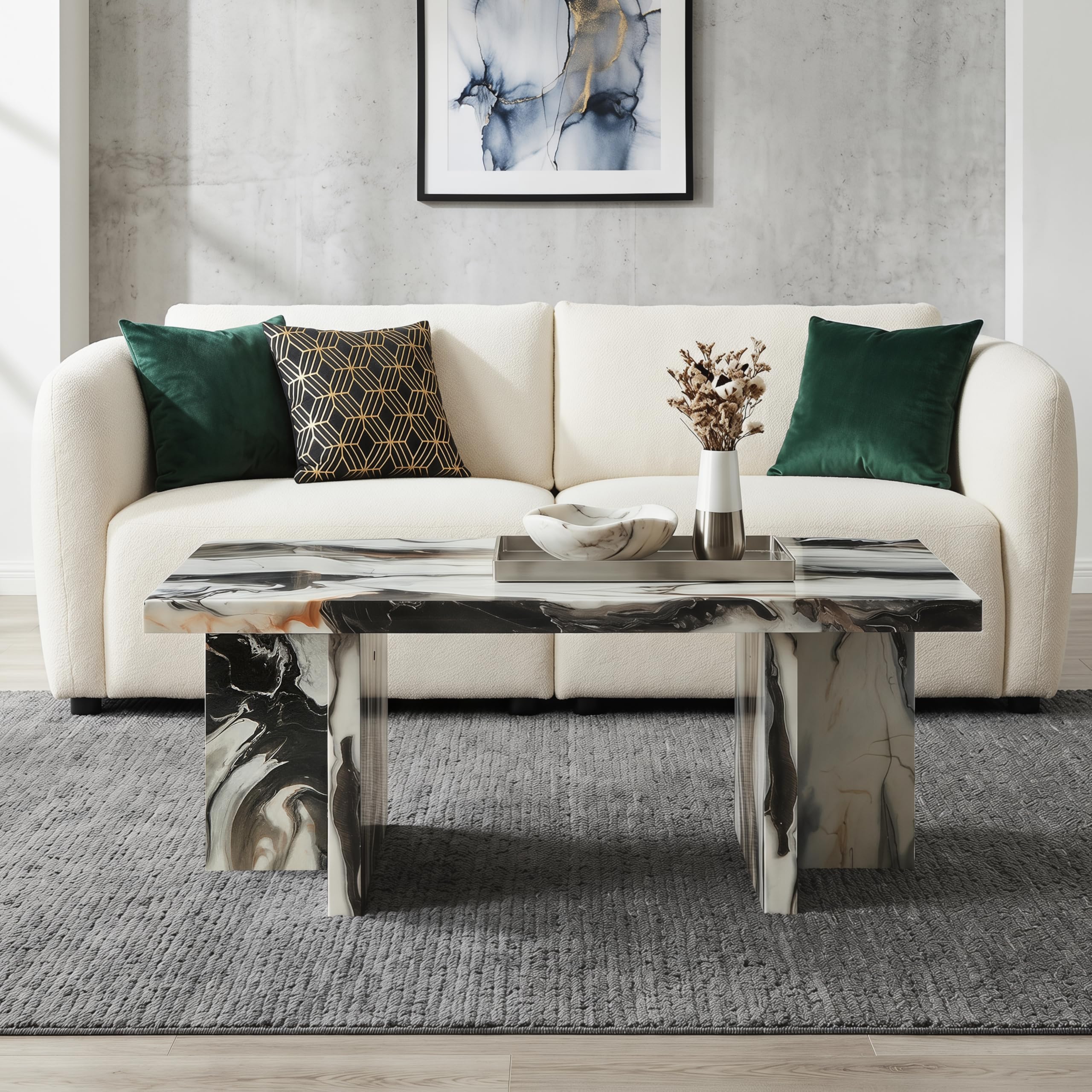 Roundhill Furniture Mchome 3-Piece Coffee Table Set, Coffee Table and Two End Tables, Off-White Faux Marble