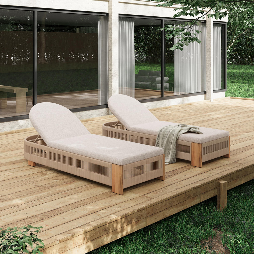 Merax 2-Piece Outdoor Chaise Lounge Chair with Adjustable Backrest & Waterproof Cushion - Acacia Wood Pool Sun Lounger for Patio, Beach, Yard, Garden, Beige