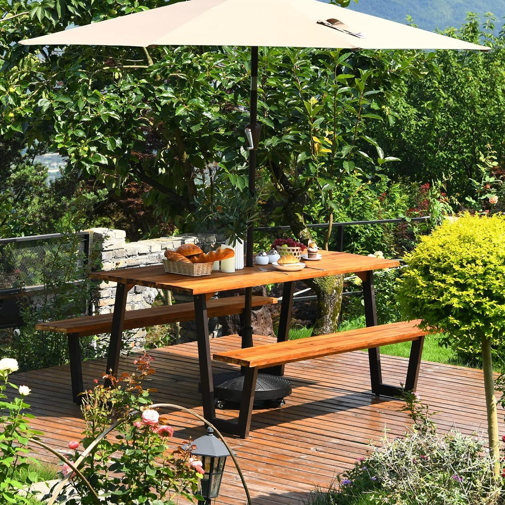 LDAILY Acacia Wood Picnic Table with Umbrella Hole, 70’’ x 30’’ Outdoor Picnic Tables with Benches for 6-8 Persons, 1600 LBS Max Load, Metal Frame & 2" Umbrella Hole, Party, Garden, Yard, Patio, Lawn