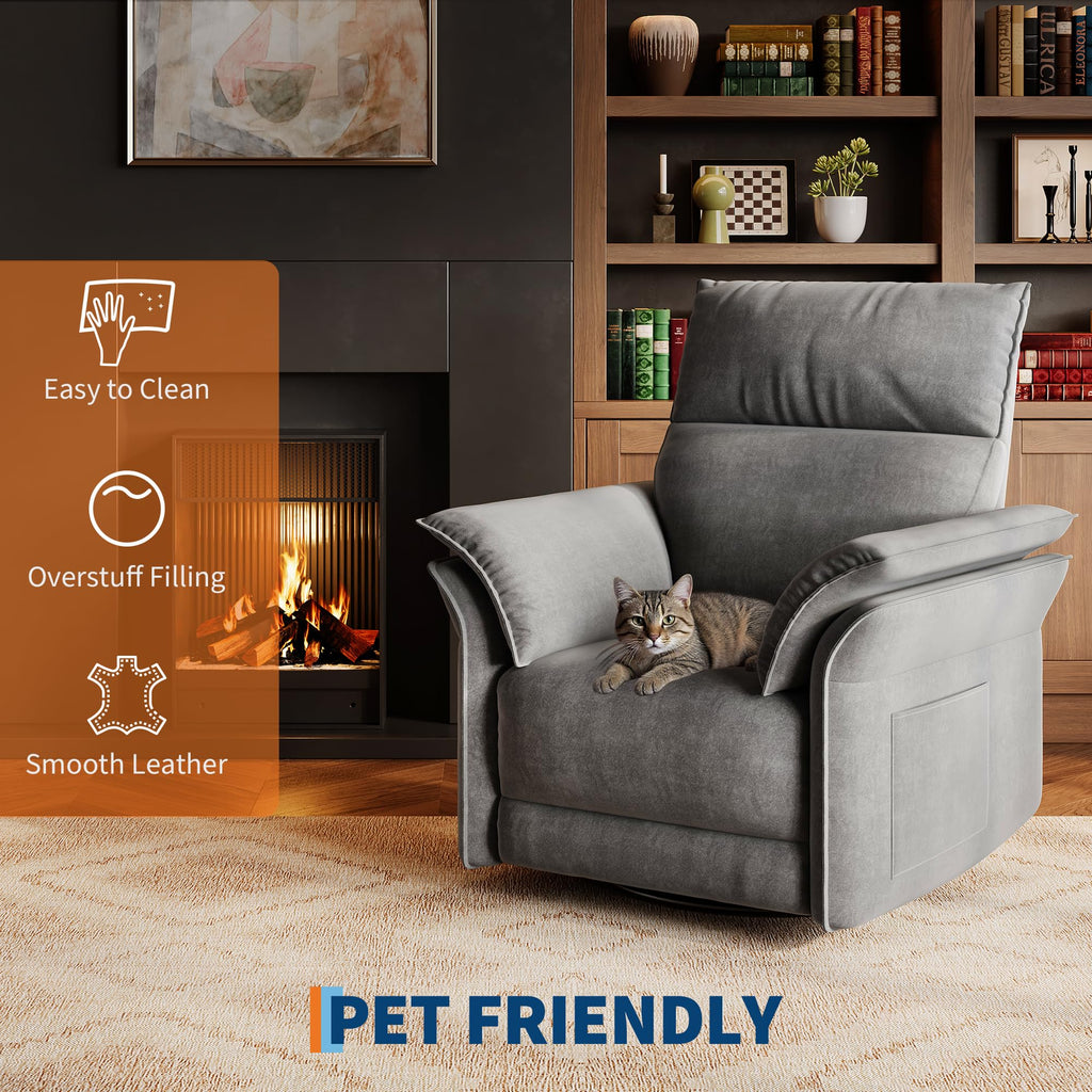 GAOMON Swivel Rocking Recliner Chair, Manual Leather Recliner Glider with Lumbar Support & Padded Armrest, Comfortable Rocker Nursery Single Sofa for Living Room and Bedroom (Light Gray)