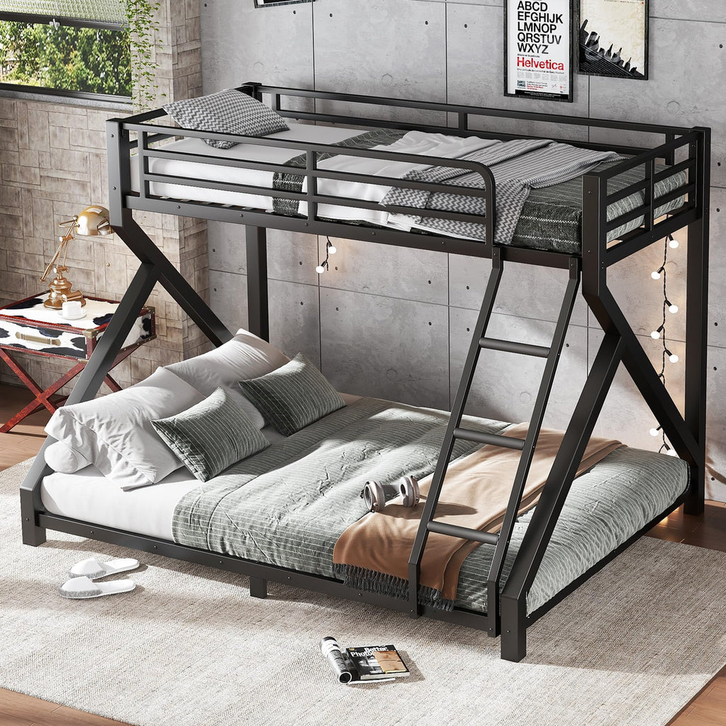 Bellemave Twin XL Over Queen Metal Bunk Bed,Low Profile Floor Bunk Bed Frame with Angled Ladder, Heavy Duty & Noise-Free Design for Kids, Teens & Adults, Black