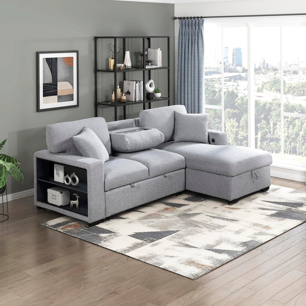 Lexicon 92.5" W L Shape Sectional Couch with Right Storage Chaise and Pull Out Sofa Bed, Sectional Sleeper Sofa with Memory Foam Seat Cushion, Charging Port, Storage Shelf for Living Room, Gray