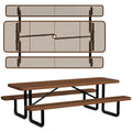 Leisure Craft Metal Picnic Table with Bench - 8 ft Rectangle Outdoor Dining Table for 8, Umbrella Hole, Weatherproof Heavy Duty Thermoplastic Coating, Commercial Grade Furniture Made in USA - Brown