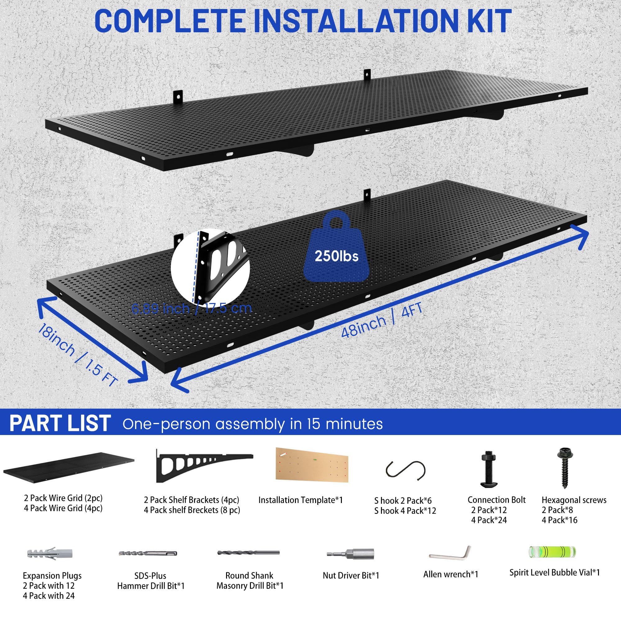 ZONEGRACE 4-Pack 1.5x4ft Garage Wall Mount Shelves, 1000 Lbs Heavy Duty Wall Shelving, Metal Organizer Rack For Garage Wall Storage Systems With Complete Install Kit & Hooks, Black
