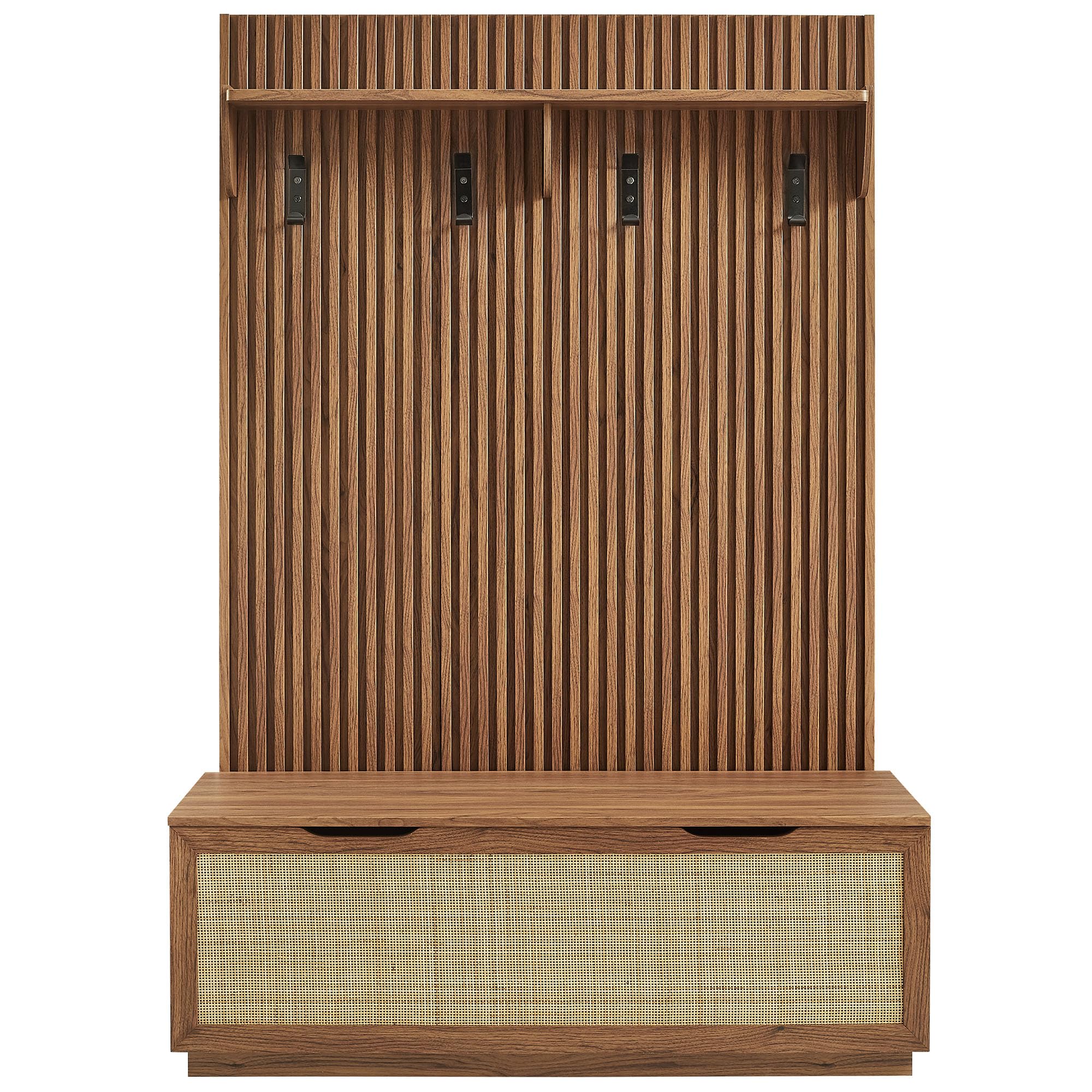 Modway Soma 3-in-1 Hall Tree in Walnut with Rattan Storage Bench and Fluted Coat Rack – 2-Piece Entryway Storage Set with Hooks, Shelf, and Bench