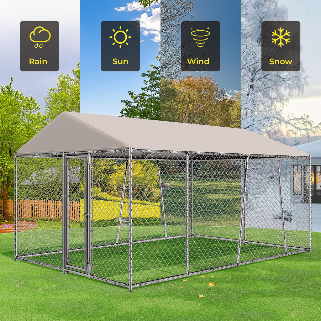 Lyromix 10 x 15FT Large Outdoor Dog Kennel with Roof, Dog Kennel Outside with Waterproof Cover, Galvanized Heavy Duty Chain Link Dog Runs Cage Playpen for Outside with Secure Lock