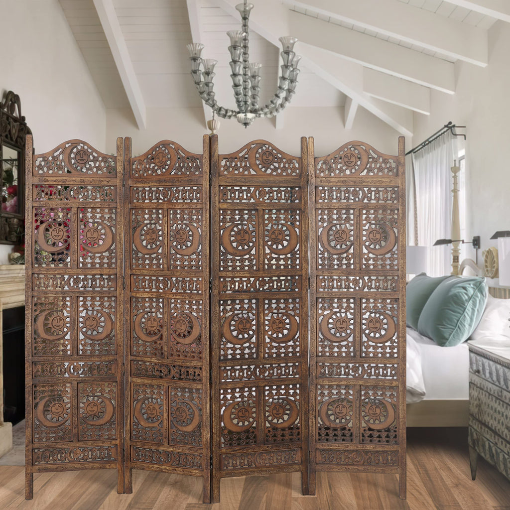 Hand Carved Sun and Moon Design Foldable 4 Panel Wooden Room Divider, Decorative Privacy Screen, Rustic Home Partition Decor