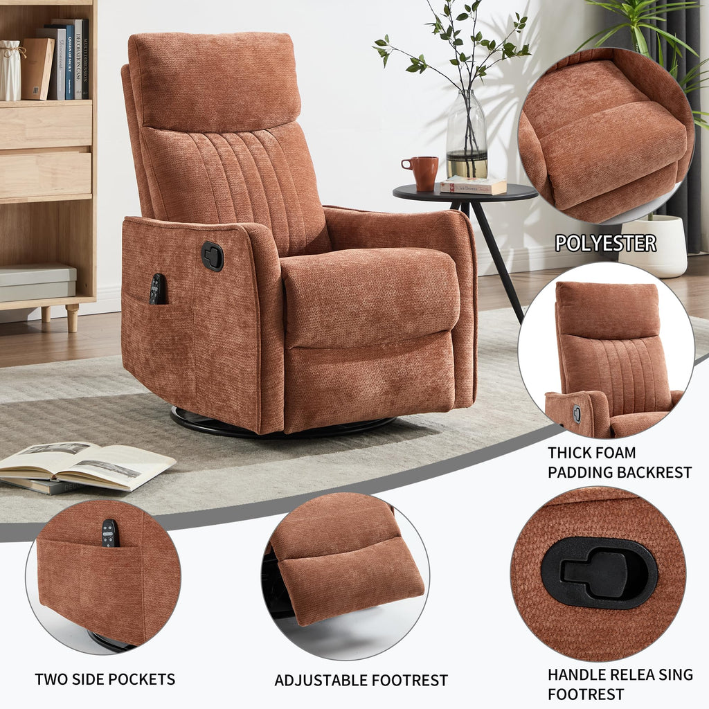KEIKI 4-in-1 Manual Swivel Rocker Recliner Chair for Living Room, Chenille Nursery Glider Rocking Chairs with Back Massager & Heat, Built for Mobile Home Relaxation on Long Road Trips Journey, Orange