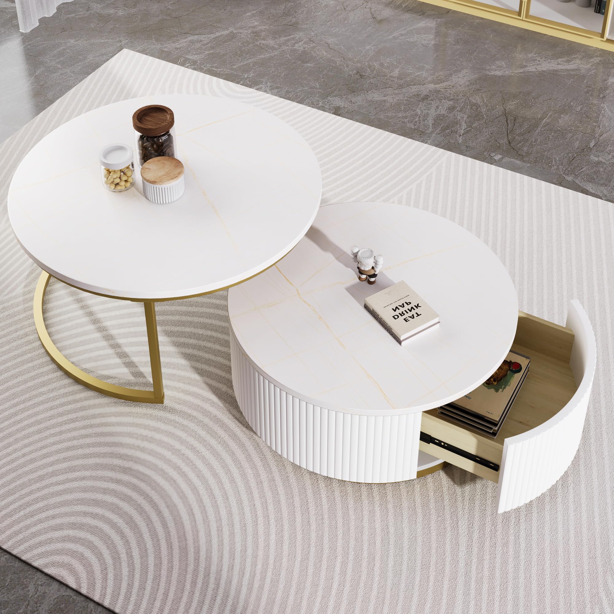 Merax Round Nesting Coffee Table Set of 2 with Storage Drawer and Marbling Tabletop, Perfect for Living Room Apartment, White