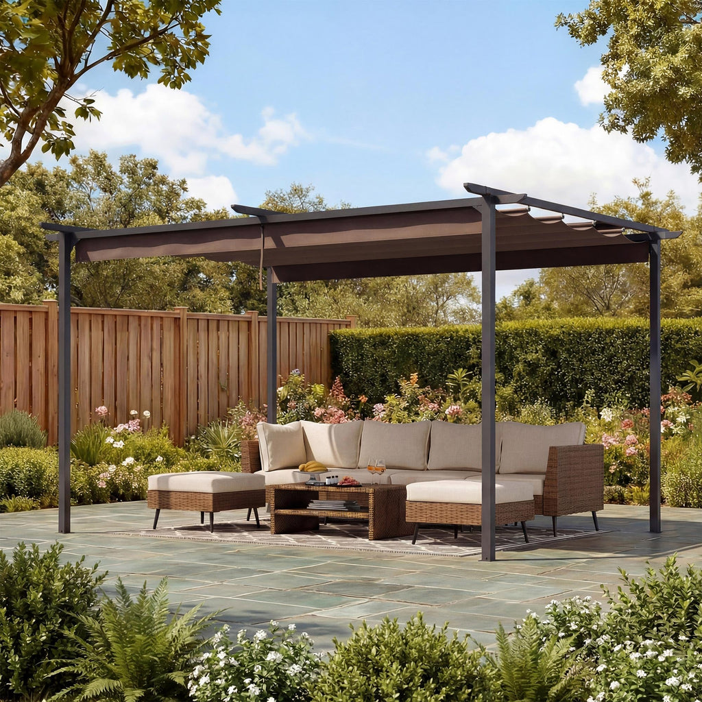 LAUSAINT HOME 10' x 13' Outdoor Retractable Pergola, Heavy-Duty Aluminum Pergola with Sun Shade Canopy for Garden, Backyard, Deck, Porch, Brown