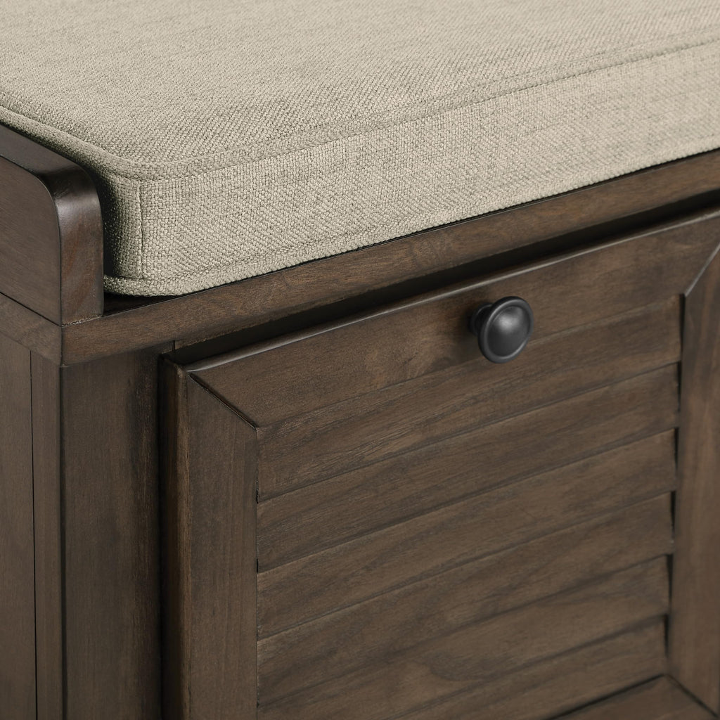 OSP Home Furnishings Dover Coastal Lift-Top Storage Bench with Shutter Face Styling, Dark Walnut Finish with Beige Fabric Cushion