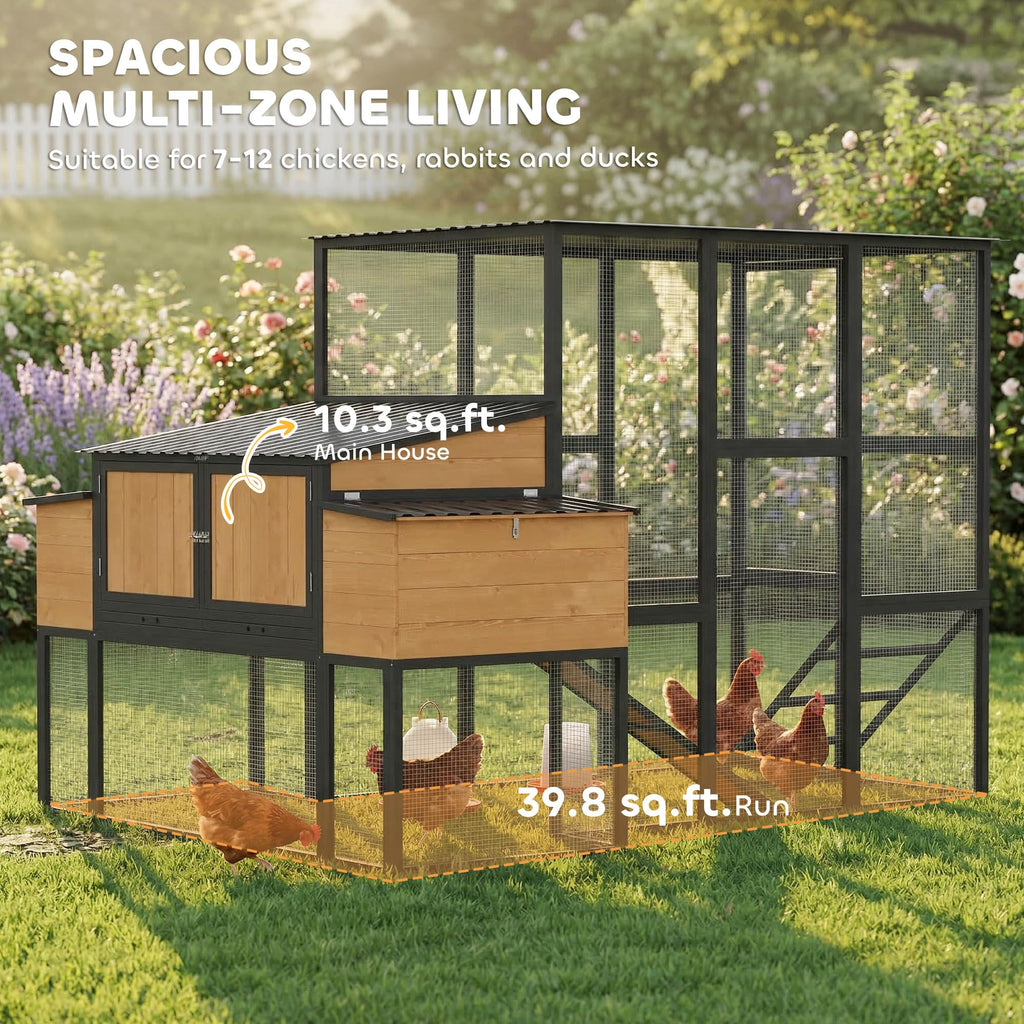PawHut 105" Large Chicken Coop, Walk-in Wooden Hen House for 7-12 Hens, Poultry Cage Chicken House with Run, 2 Nesting Boxes, Roosting Bars, Waterproof Roof and Ramp, Yellow