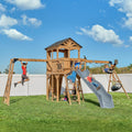 Backyard Discovery Dover Bay Spruce Wood Swing Set with Wave Slide, Clubhouse, Monkey Bars, Rock Wall, Belt Swings, Step Ladder, Toy Telescope, Chalkboard, Outdoor Playset