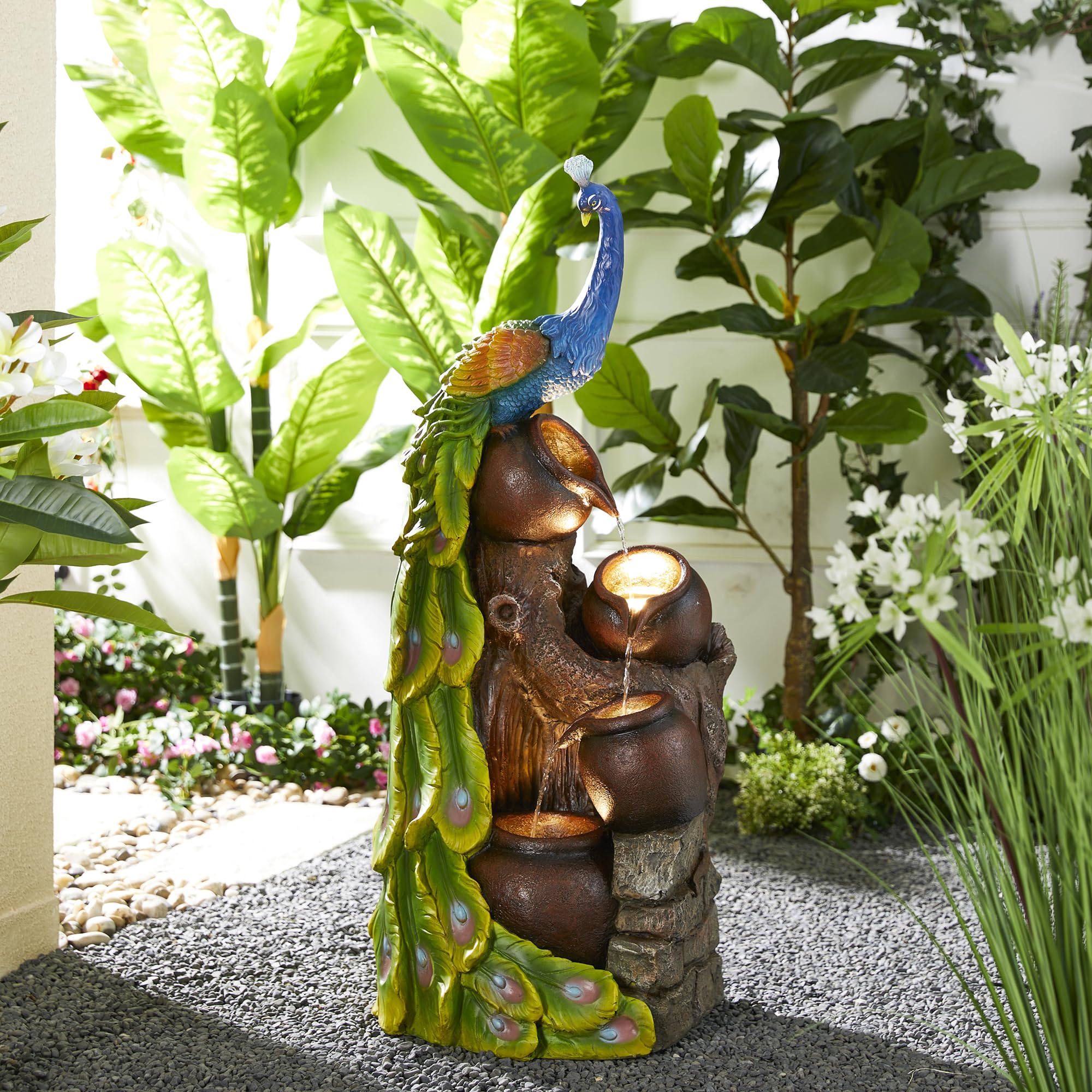 Glitzhome Oversized 4-Tiered Peacock and Jars Polyresin Outdoor Floor Fountain with Pump and LED Light, 40" H