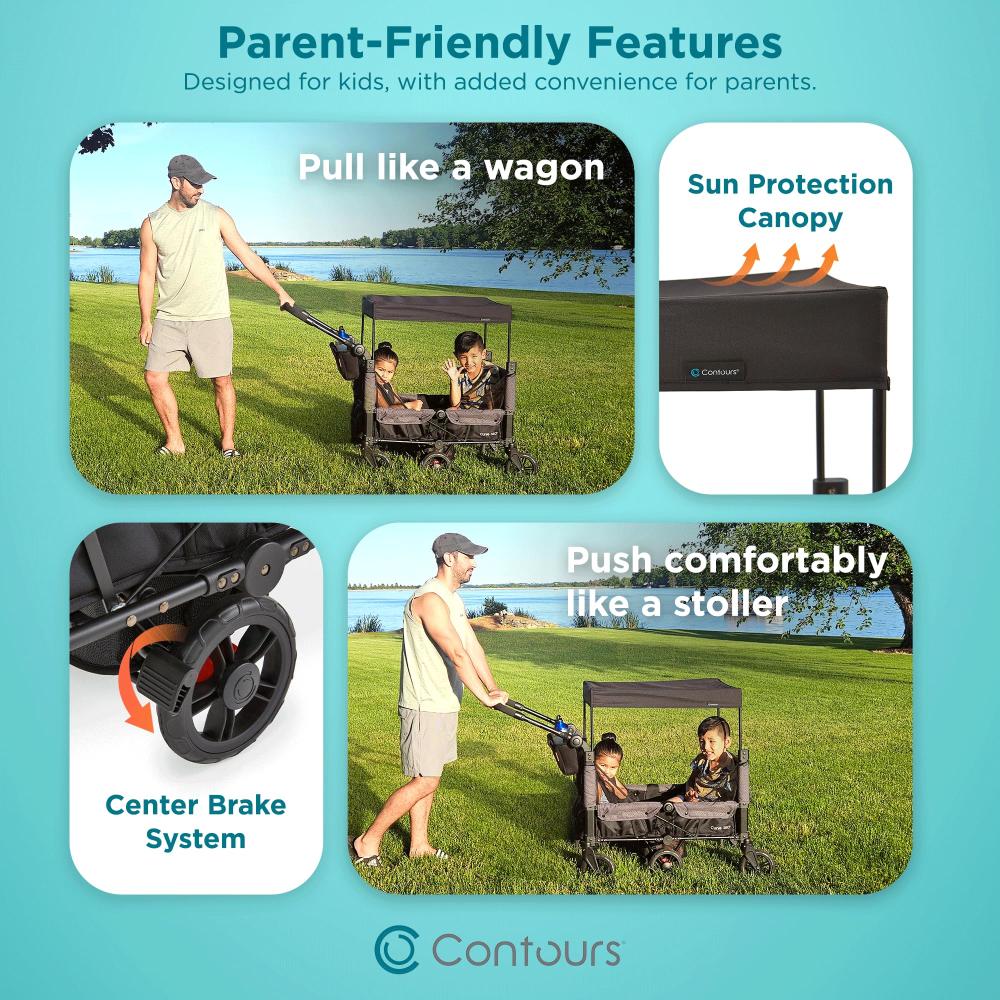 Contours Curve 360 Lightweight Double Baby Stroller Wagon for 2 Kids, Fits Infant Car Seats, Ultra Maneuverable, Easy in and Out for Toddlers with Deep Footwell, Storage Pockets and Adjustable Handle