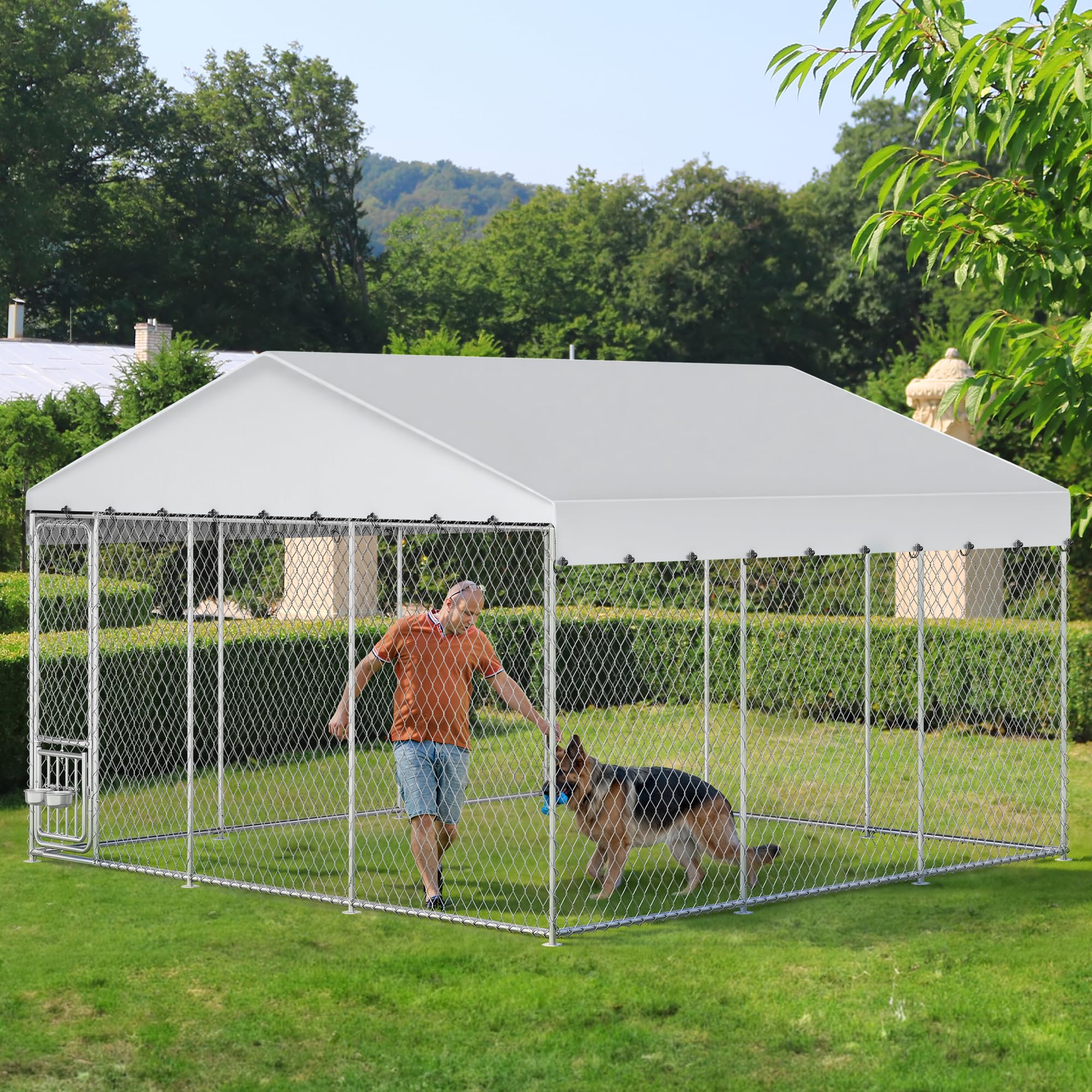 YITAHOME 14.8'x14.8' Large Outdoor Dog Kennel with Rotating Feeder Bowls, Outdoor Dog Enclosure with Roof, Heavy Duty Dog Cage for Large Dogs