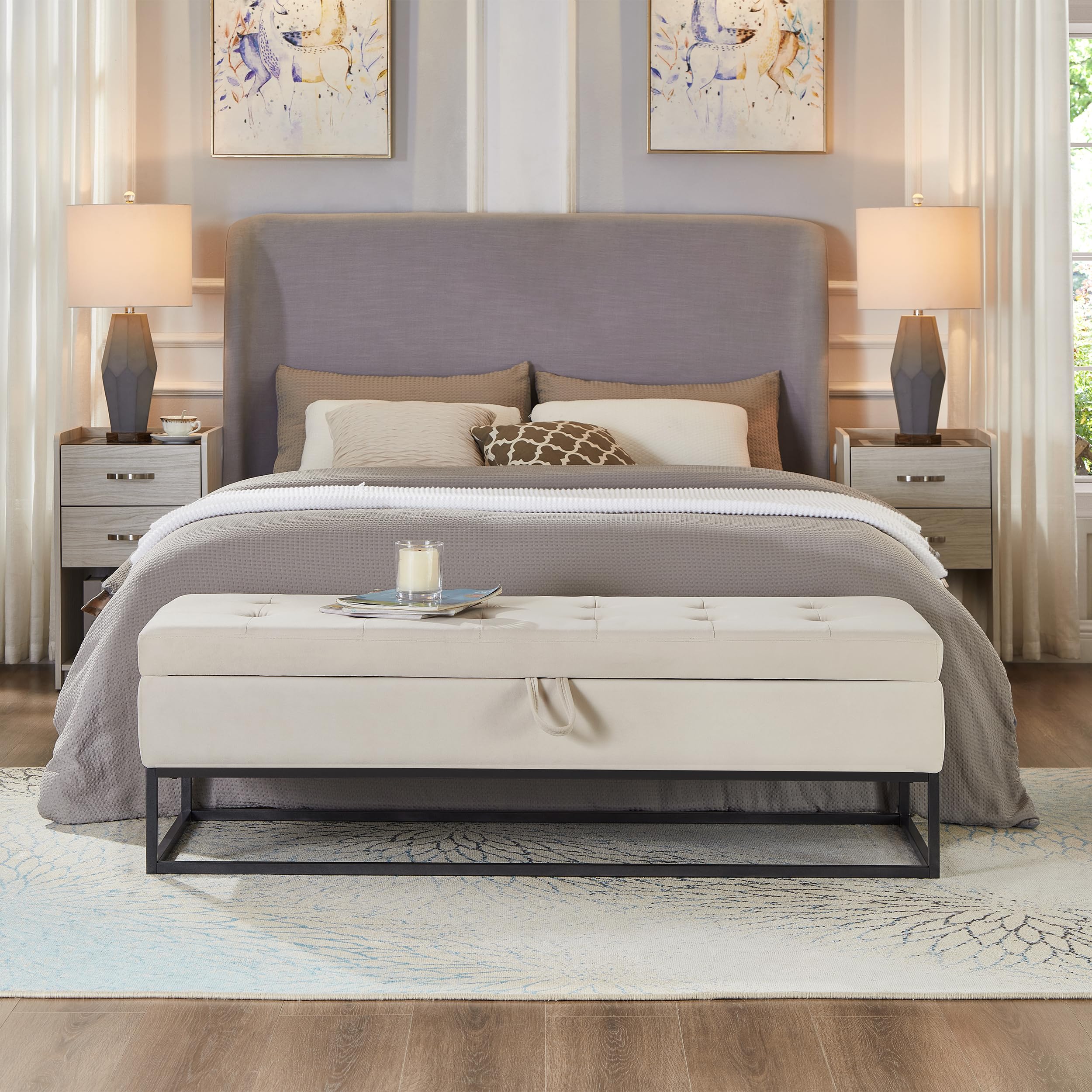 GDFStudio 59" Mid-Century Modern Bed Bench, Storage Ottoman Bench, Large Button Tufting Lift-Top Velvet Ottoman Foot Rest with Metal Base, Upholstered Oversized Pouf for Living Room Bedroom, Beige