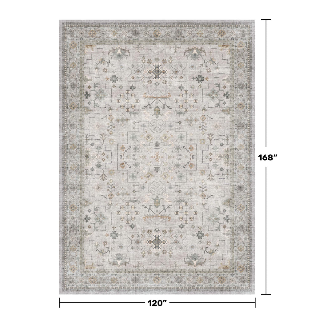 Hazo Haus Boho Light Grey Living Room Rug 10x14 - Modern Vintage Eclectic Floral Pastel Neutral Taupe, Washable Low Pile Non-Slip Extra Large Area Rugs for Dining Under Table Bedroom Lounge