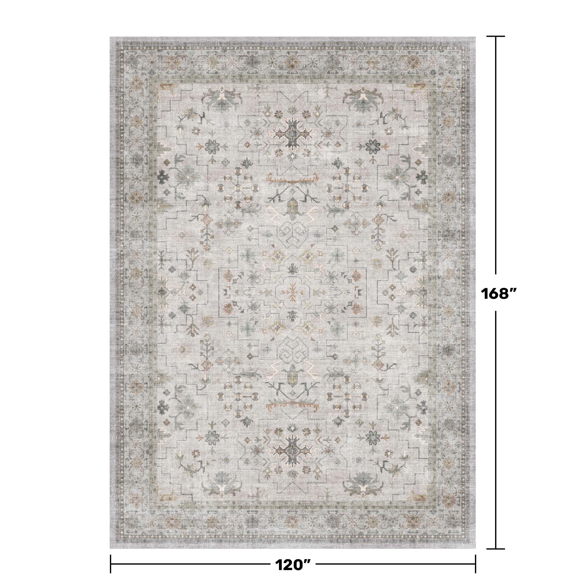 Hazo Haus Boho Light Grey Living Room Rug 10x14 - Modern Vintage Eclectic Floral Pastel Neutral Taupe, Washable Low Pile Non-Slip Extra Large Area Rugs for Dining Under Table Bedroom Lounge