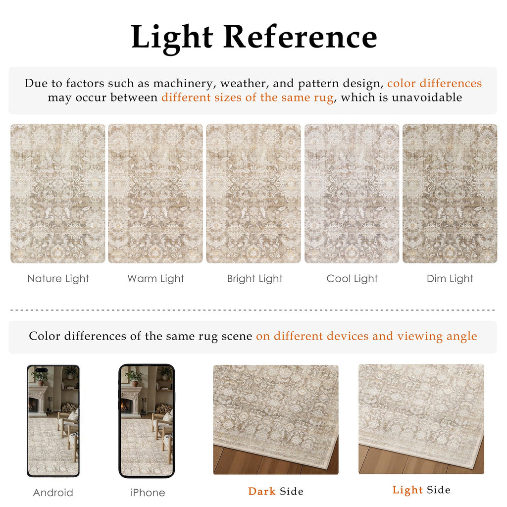 WondRg 9x12 Beige Washable Modern Area Rug Living Room Non Slip Low Pile Floral Extra Large Rug Vintage Traditional Stain Resistant Carpet Bedroom Office Indoor Playroom