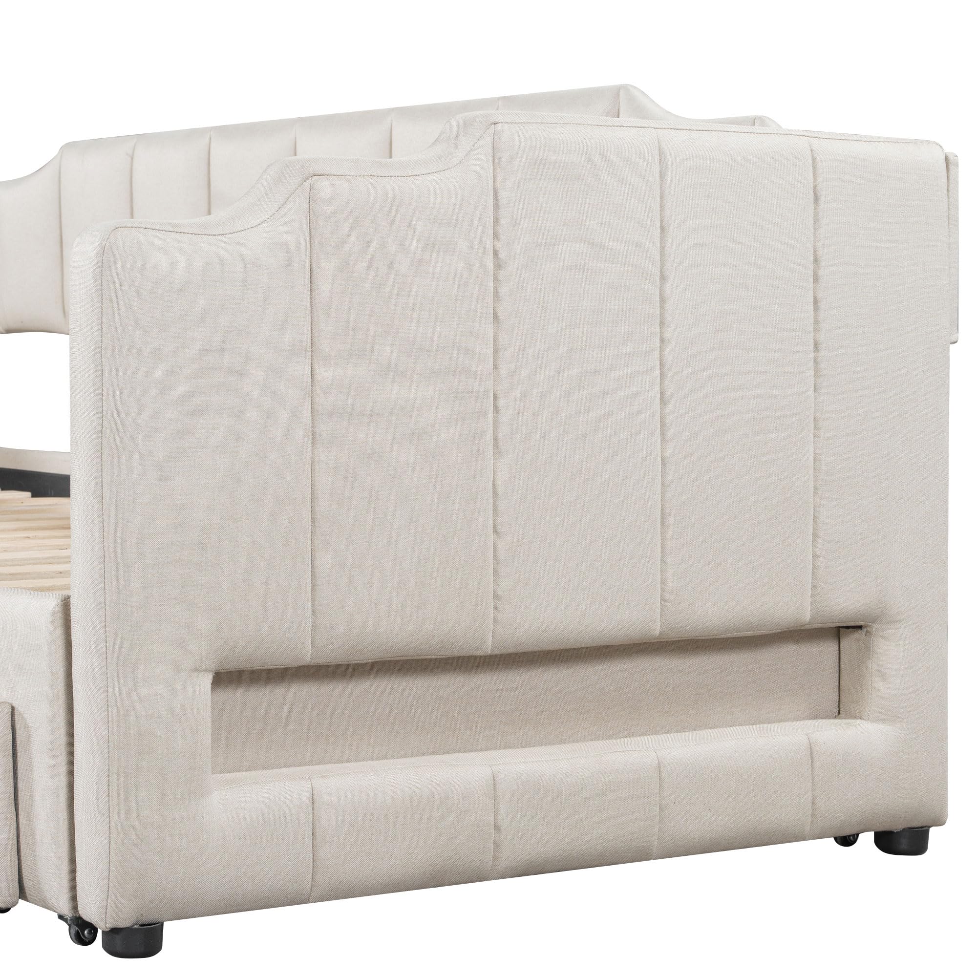 Bellemave Twin XL Size Daybed Frame with Pop up Trundle,Upholstered Day Bed with Two Storage Drawers and LED Light,Twin XL to King Daybed,Beige