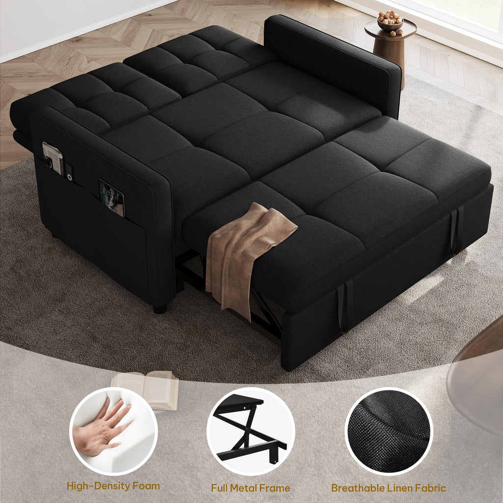 DWVO 55" Convertible Sofa Bed, 3-in-1 Sleeper Sofa with Pull-Out Bed, Linen Futon Couch with Adjustable Backrest and Side Pocket, Modern Loveseat for Living Room Apartment, Balck