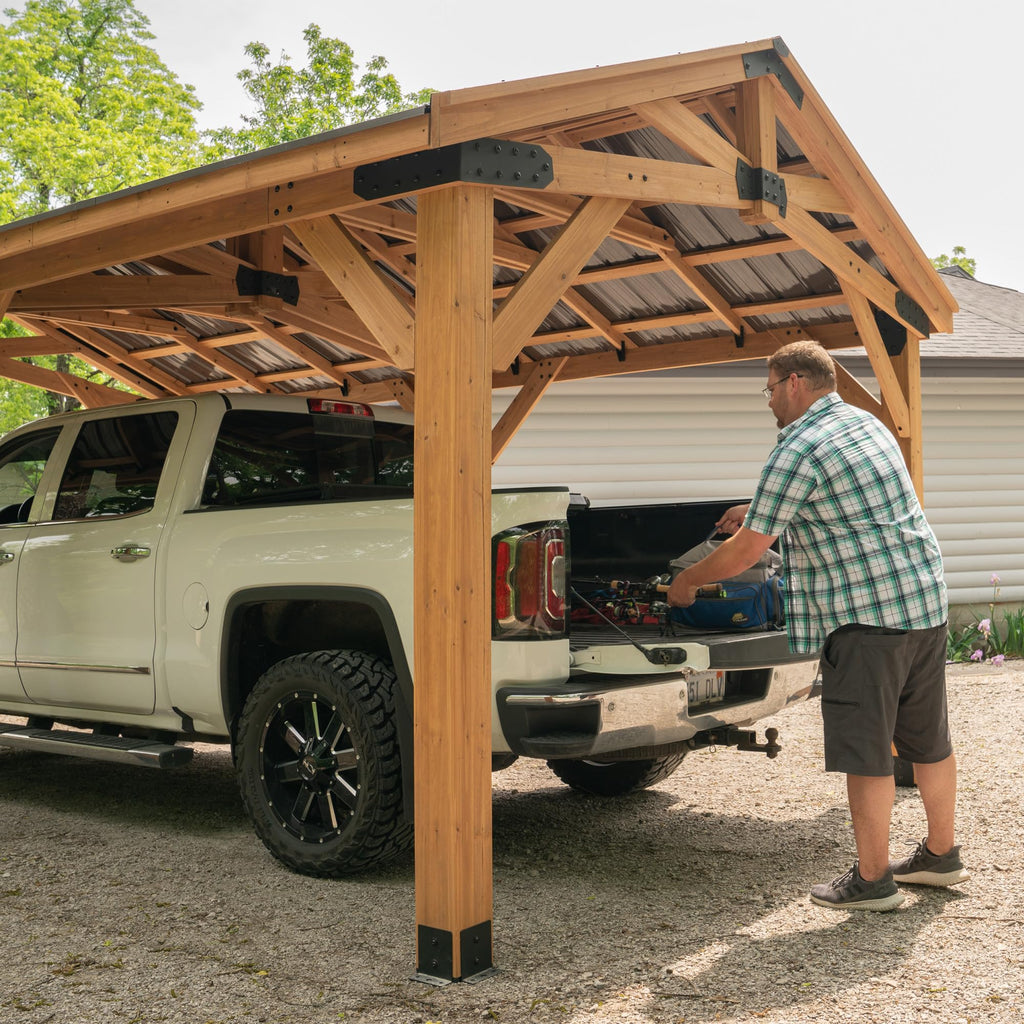 Backyard Discovery Norwood 24' x 12' Cedar Wood Outdoor Gazebo Pavilion with Hardtop Galvanized Steel Peak Roof, Snow Support, Wind Resistance, PowerPort, Shade for Garden, Patio, Deck, Entertaining