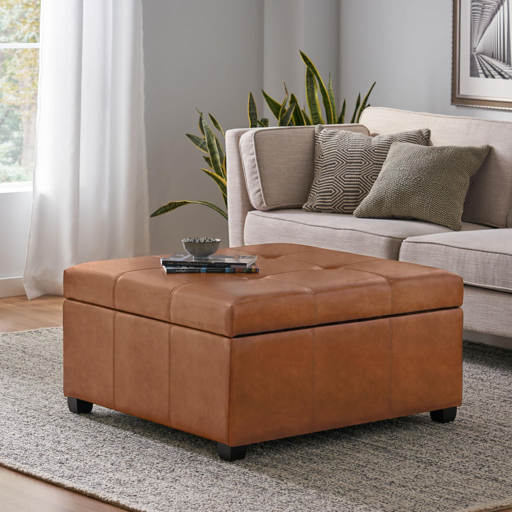 Christopher Knight Home Carlsbad PU Ottoman with Storage Square,Faux Leather Storage Ottoman Bench,Small Foot Rest Stool, End Side Table,Upholstered Toy Box Storage for Living Room Bed Room,Tan Brown