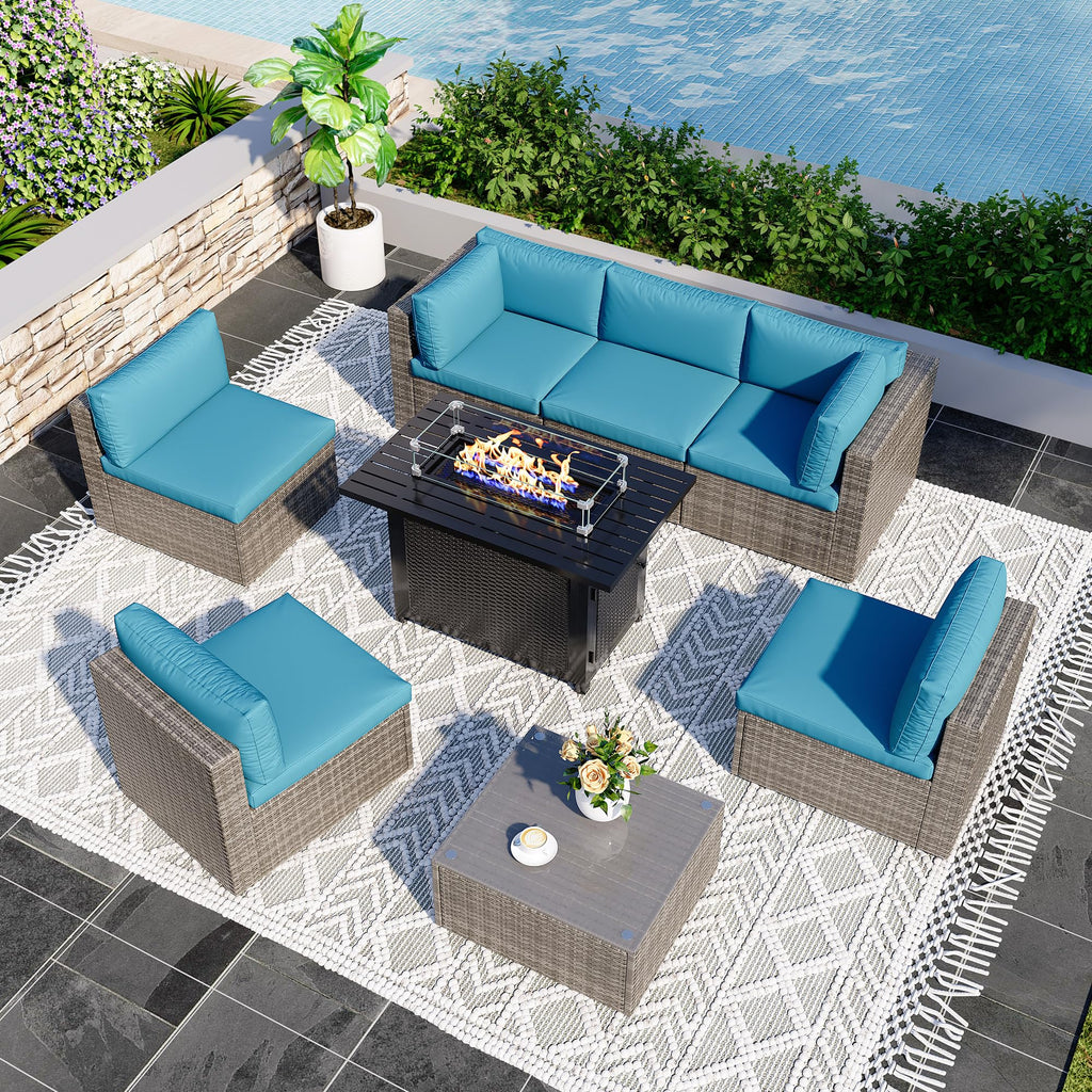 8 Pieces Outdoor Patio Furniture Set with 43" Fire Pit Table, Wicker Outdoor Patio Sectional Sofas with Cushions and Coffee Table, All-Weather Patio Conversation Set for Garden Backyard, Light Blue