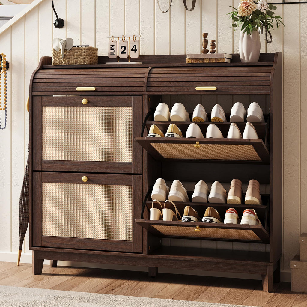 LINSY Shoe Storage Cabinet, Rattan Shoe Cabinet Flip Drawer Shoes Rack Cabinet with Sliding Tambour Door, Large Shoe Cabinets Mid Century Modern Hidden Shoe Storage Organizer for Entryway, Walnut
