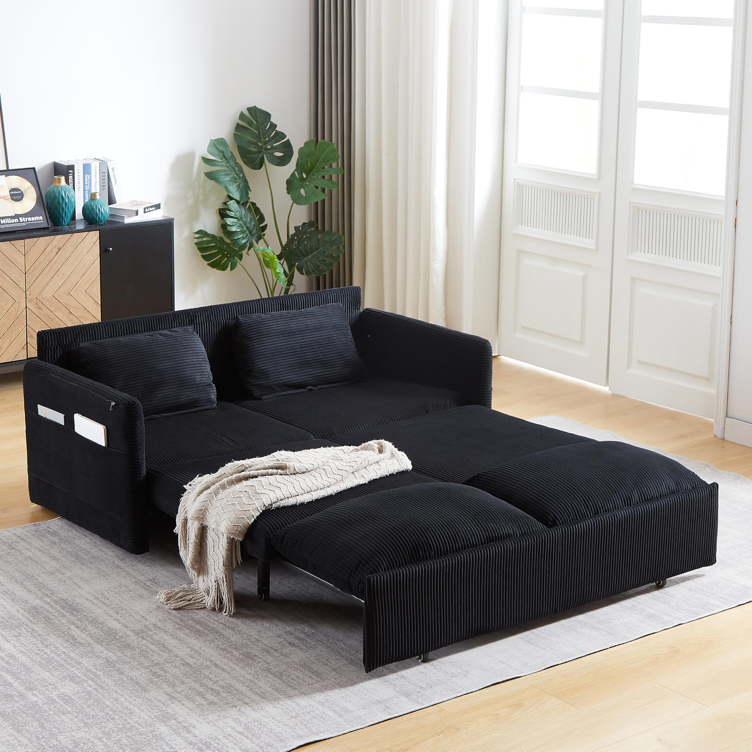 Eafurn 3 in 1 Convertible Pull Out Sleeper Sofa Couch Bed Queen Size, Corduroy Pullout Lounge Loveseat RV Sofa&Couches Sofabed with Soft Pillows Armrest,Side Pockers for Living Room Apartment