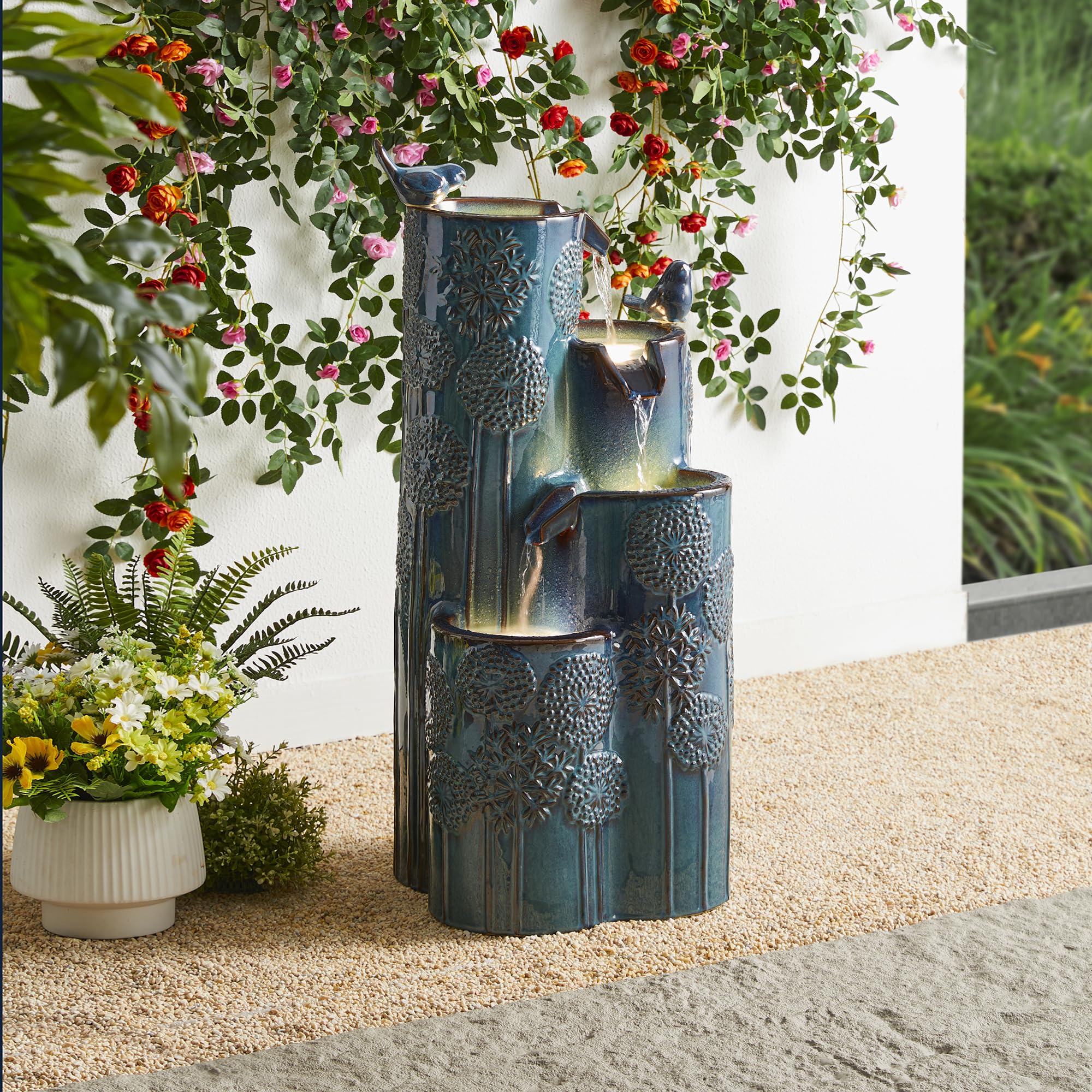 Glitzhome 31.75" H Outdoor Water Fountain with LED Lights and Pump, 4 Tier Dandelion Texture Vase Shaped Ceramic Floor Standing Fountain with Birds for Porch Deck Garden Patio Backyard, Turquoise