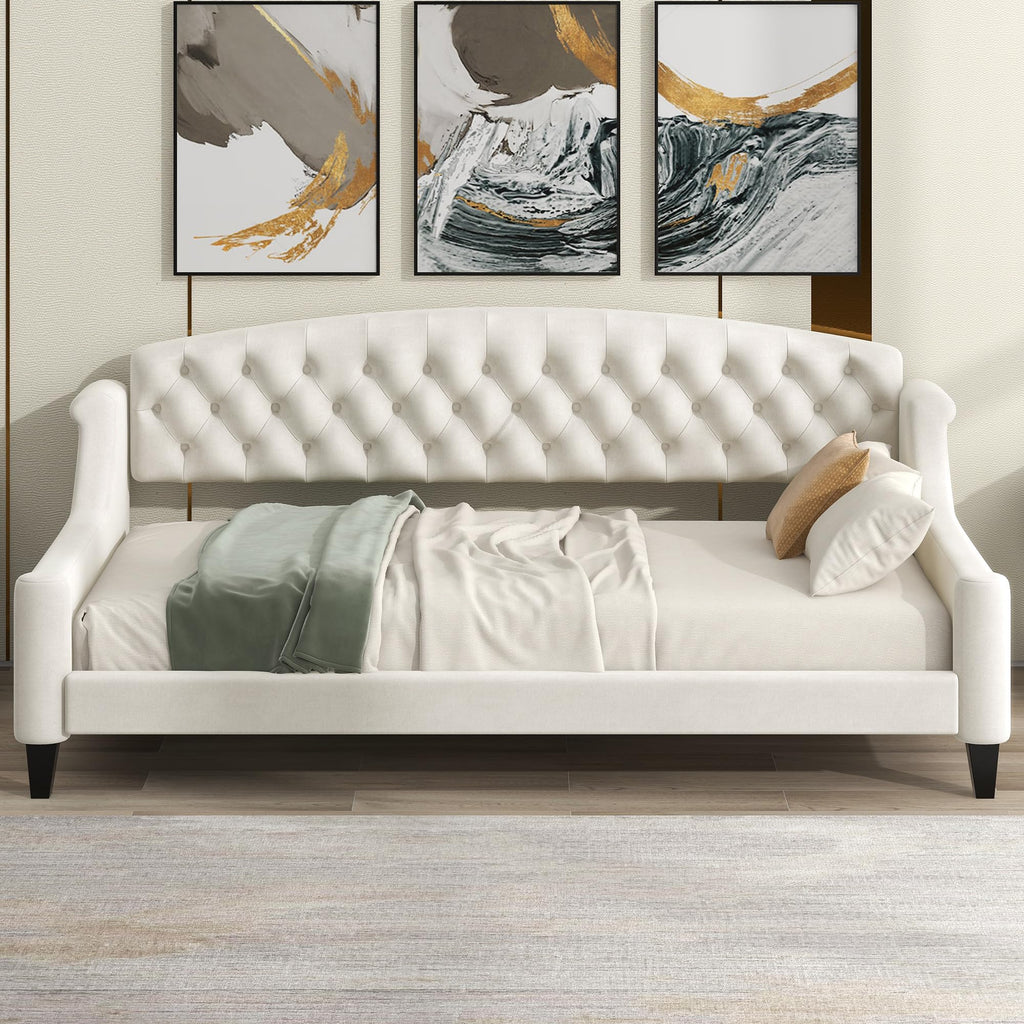 Merax Twin Size Modern Luxury Tufted Button Daybed, Upholstered Twin Daybed Frame, Sofa Bed for Bedroom, Living Room, Twin, Beige